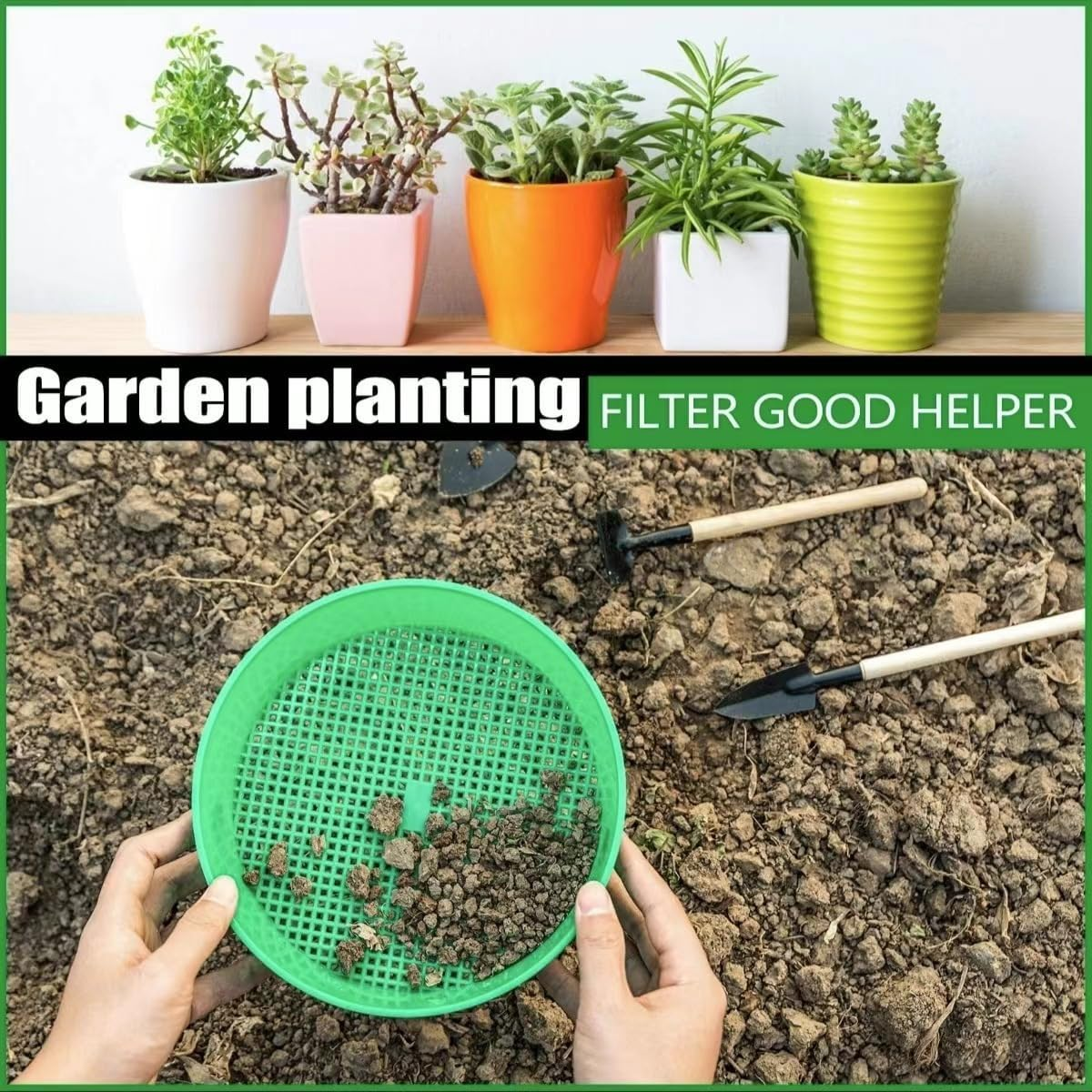 Garden Screen Sieve Garden Riddle Soil Sifter Compost Sifter Sand Strainer Soil Filter Mud Sifter Soil Riddle Soil Strainer Dirt Sifter Dispenser Sand Sifter Plastic Rock Flowerpot (Green) image number 3