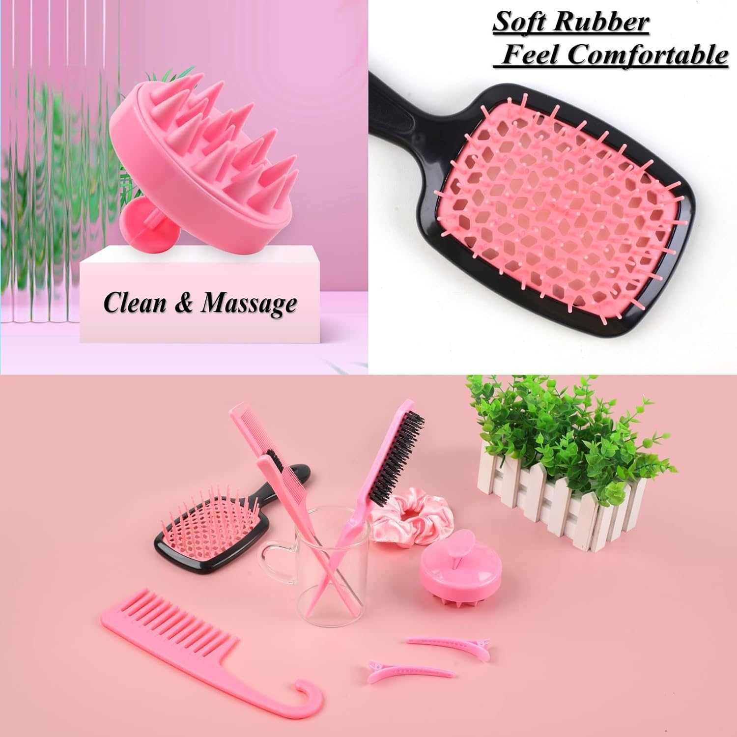 12 Pcs Hair Brush Set, 3 Pieces Slick Back Hair Brushes for Toddlers, Women, Detangling Brush for All Typs of Hair, Edge Bristles Wide Tooth Rat Tail Combs for Baby Girls Boys(Pink) image number 5