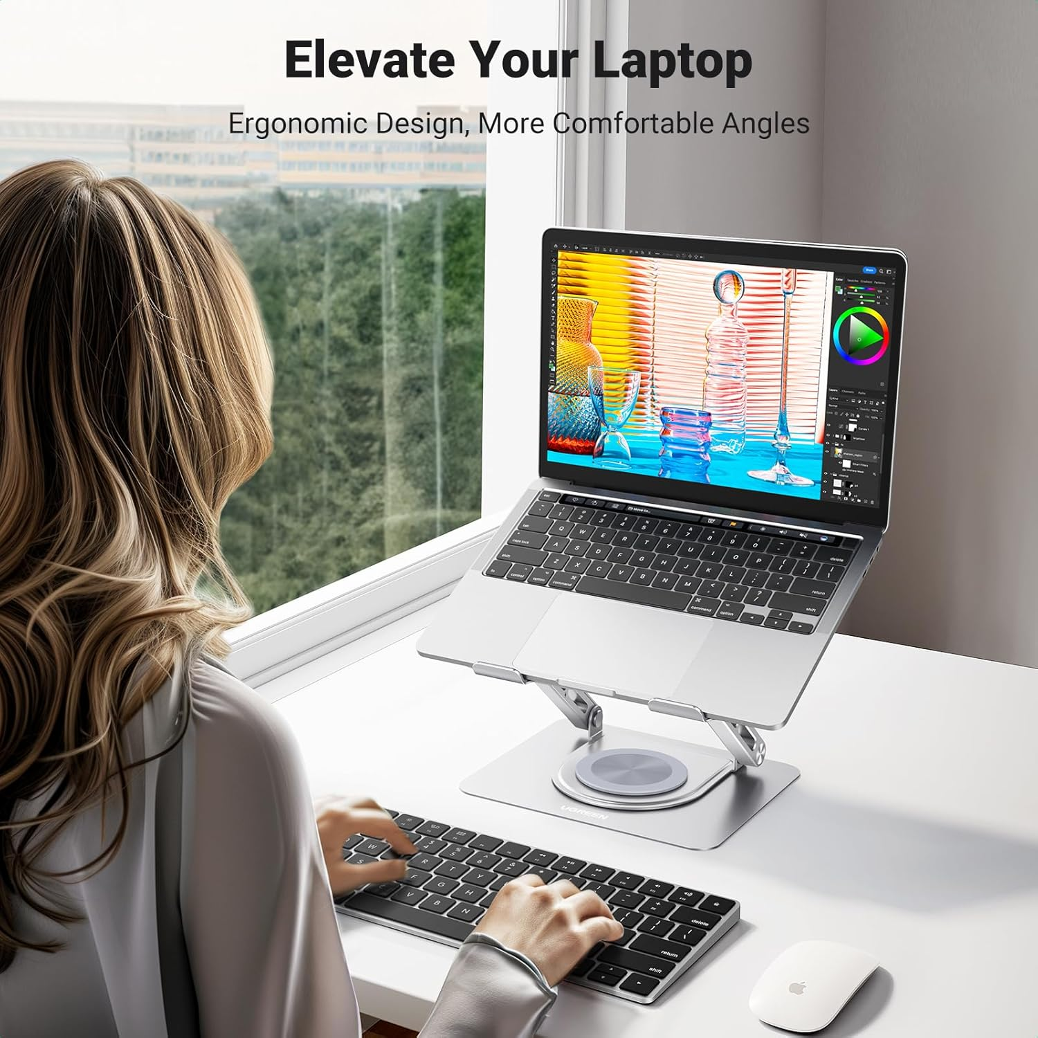 UGREEN Laptop Stand for Desk Holder with 360&deg; Rotating Base, Adjustable Computer Riser Ergonomic, Compatible with Macbook, Notebook, up to 17.3 Inch image number 2