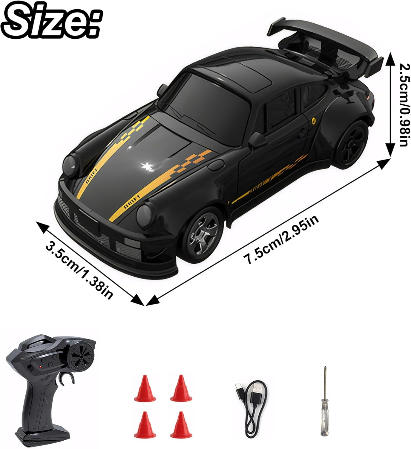 Mini RC Drift Car with Lights, 1:64 4WD 2.4Ghz Full Proportional Remote Control Car for Kids Adults (Black) image number 4