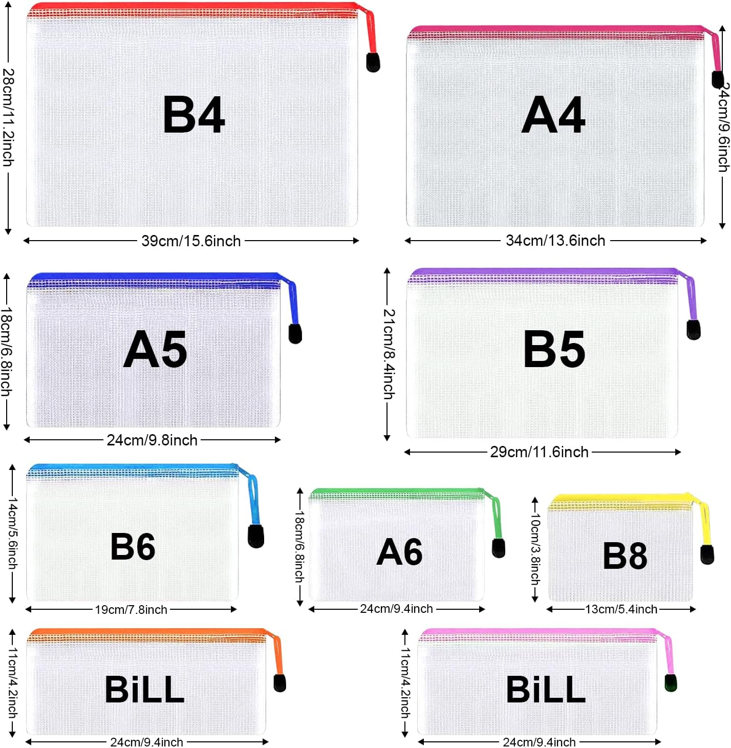 COZY CORE 18Pcs Mesh Zipper Pouch, 8 Sizes Waterproof Plastic Document Pouch, 9 Colors, Waterproof Zipper Bags, Multipurpose for Travel Storage, Office Appliances and Home Organize image number 4