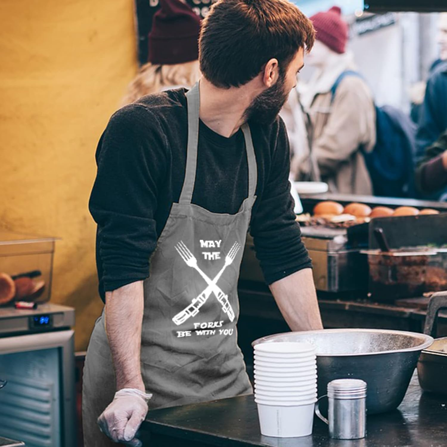 Cooking Aprons for Men Women, Kitchen Chef Apron, BBQ Grilling Gifts for Husband Dad - May The Forks Black image number 5