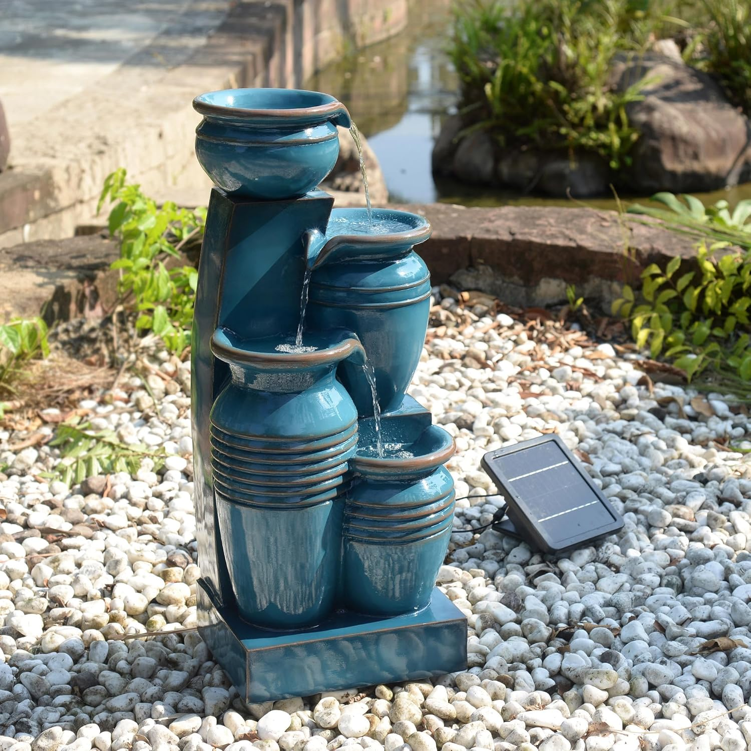 Teamson Home Solar Powered Outdoor 4 Tier Cascading Bowl Fountain 28.7In, Blue - Grey image number 4