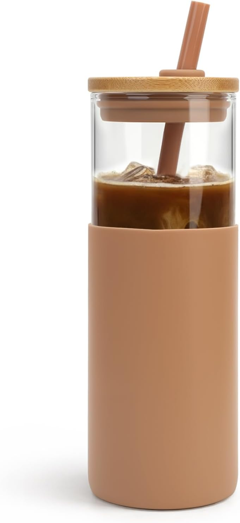 Tronco 20Oz Glass Tumbler Glass Water Bottle Straw Silicone Protective Sleeve Bamboo Lid - BPA Free, White