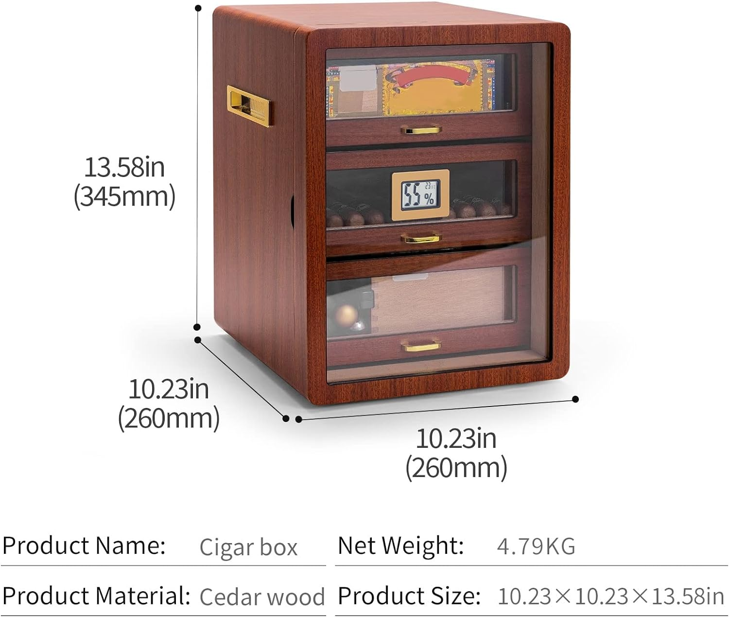 CIGARLOONG Cigar Humidor Cedar Wood 3 Drawers with Hygrometer and Humidifier Hidden Handle Moisturizing Box,Holds 100 Cigars Large Indoor Humidor(Brown2) image number 4