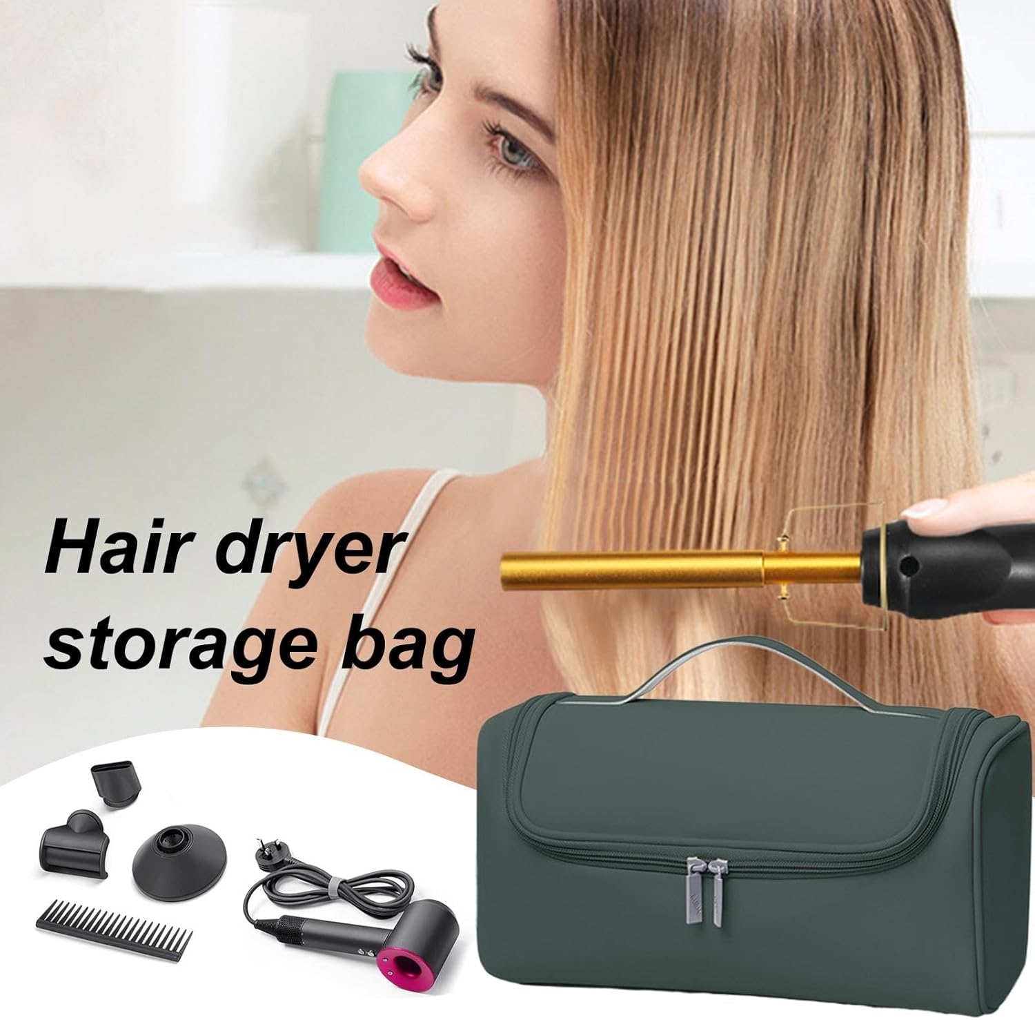 Hair Dryer Bag - Waterproof Travel Organizer, Dust Case | Travel Bag for Lightweight for Hair Dryer, Curling Iron And, Green, Riferimento Alla Descrizione, Please Refer to Description image number 3
