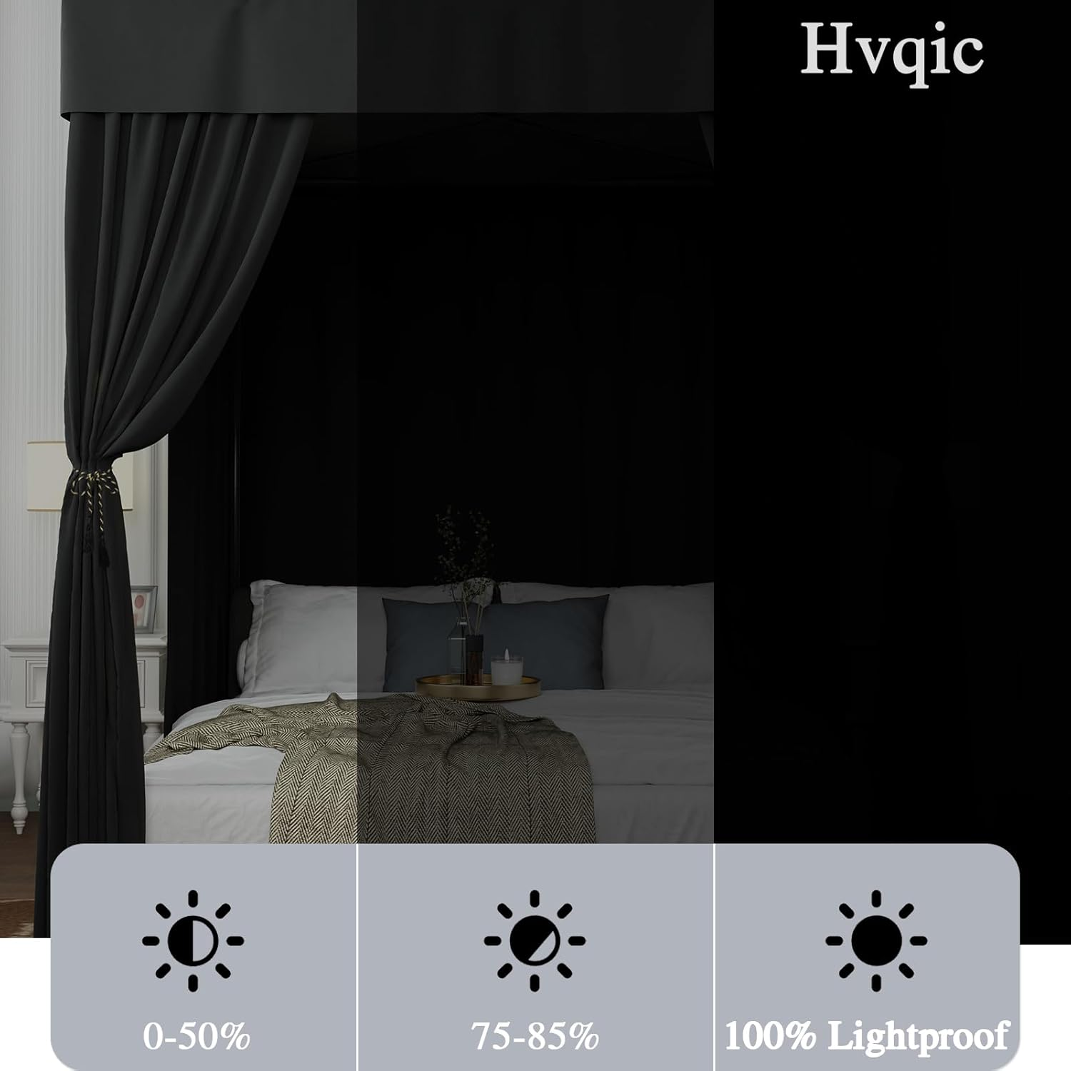 Hvqic Black Canopy Bed Curtains - 4 Corner Post Lightproof Drapes for King Bed - Adults & Girls Bedroom Decoration (King, Black) image number 2