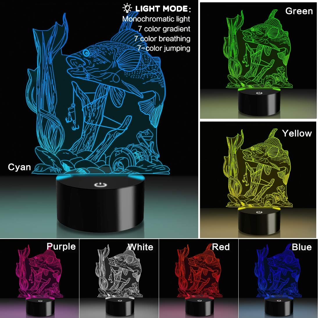 3D Fishing Lamp Illusion Night Light LED Touch Fish Desk Table Lamps 7 Color Change USB 3D Visual Lights Home Bedroom Decor Lighting Birthday Gifts Toys for Boys Kids Fishing Lover by YKL World - Bulldog image number 7