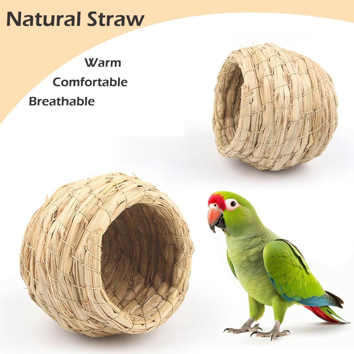 Hanging Straw Bird Nest Natural Fiber Birdhouse for Cage Warm Parrot Hideaway Shelter Hut for Small Finch Canary Lovebird Resting Breeding Playing image number 1