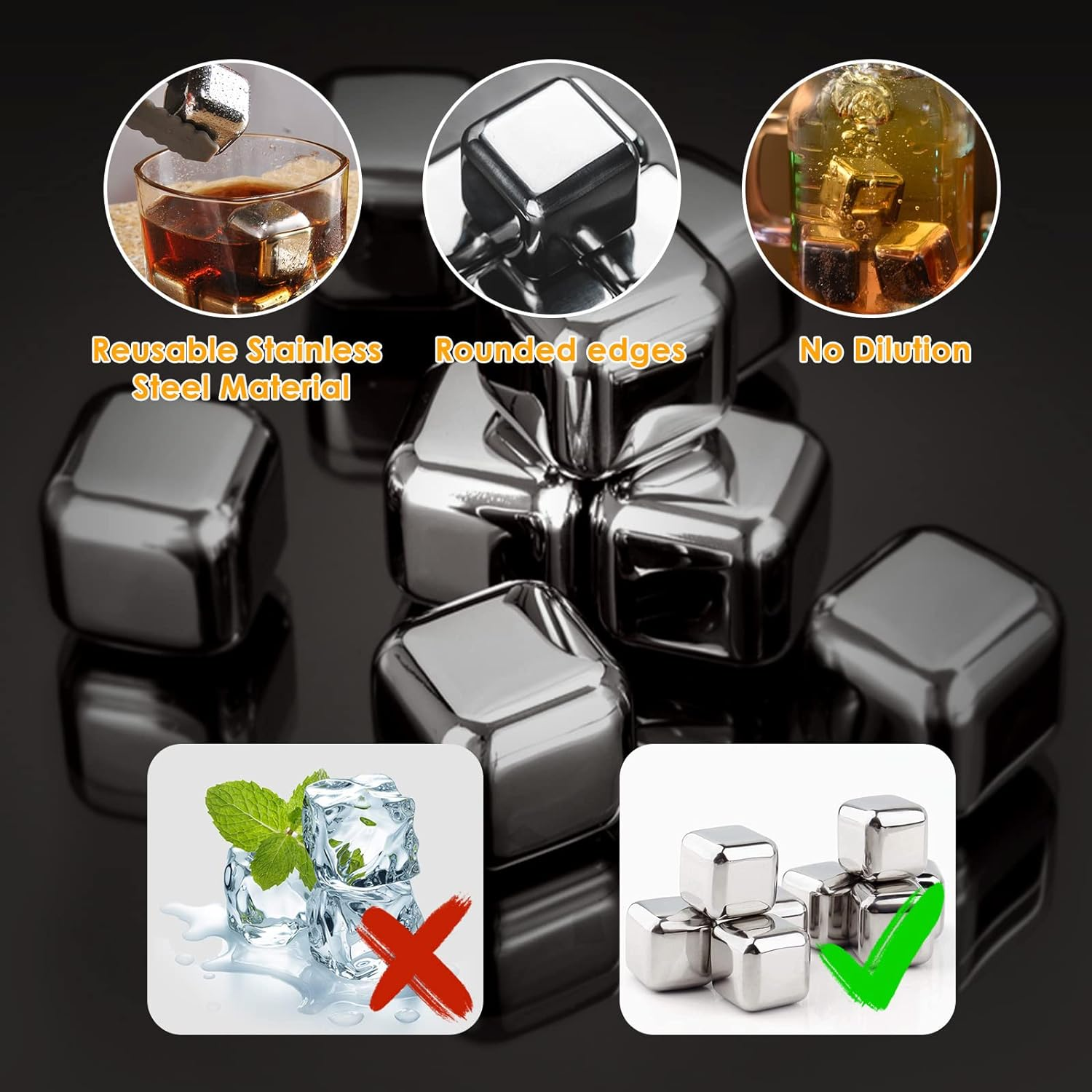 Valuehall Whiskey Stones 8PCS Stainless Steel Ice Cubes Reusable Metal Ice Cube Whiskey Rocks Chilling Stones with Free Tongs and Ice Freezer Storage Tray for Whiskey Wine Beer V4C07