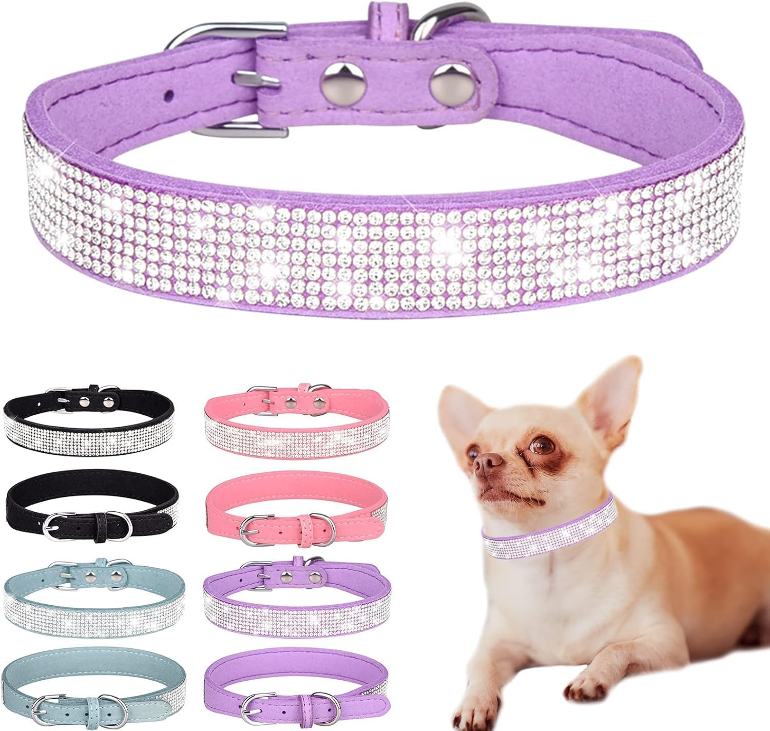 Rhinestone Dog Collar Pretty Rainbow Bling Fancy Dog Collars Soft Leather Pet Puppy Necklace (Lavender, M) image number 3
