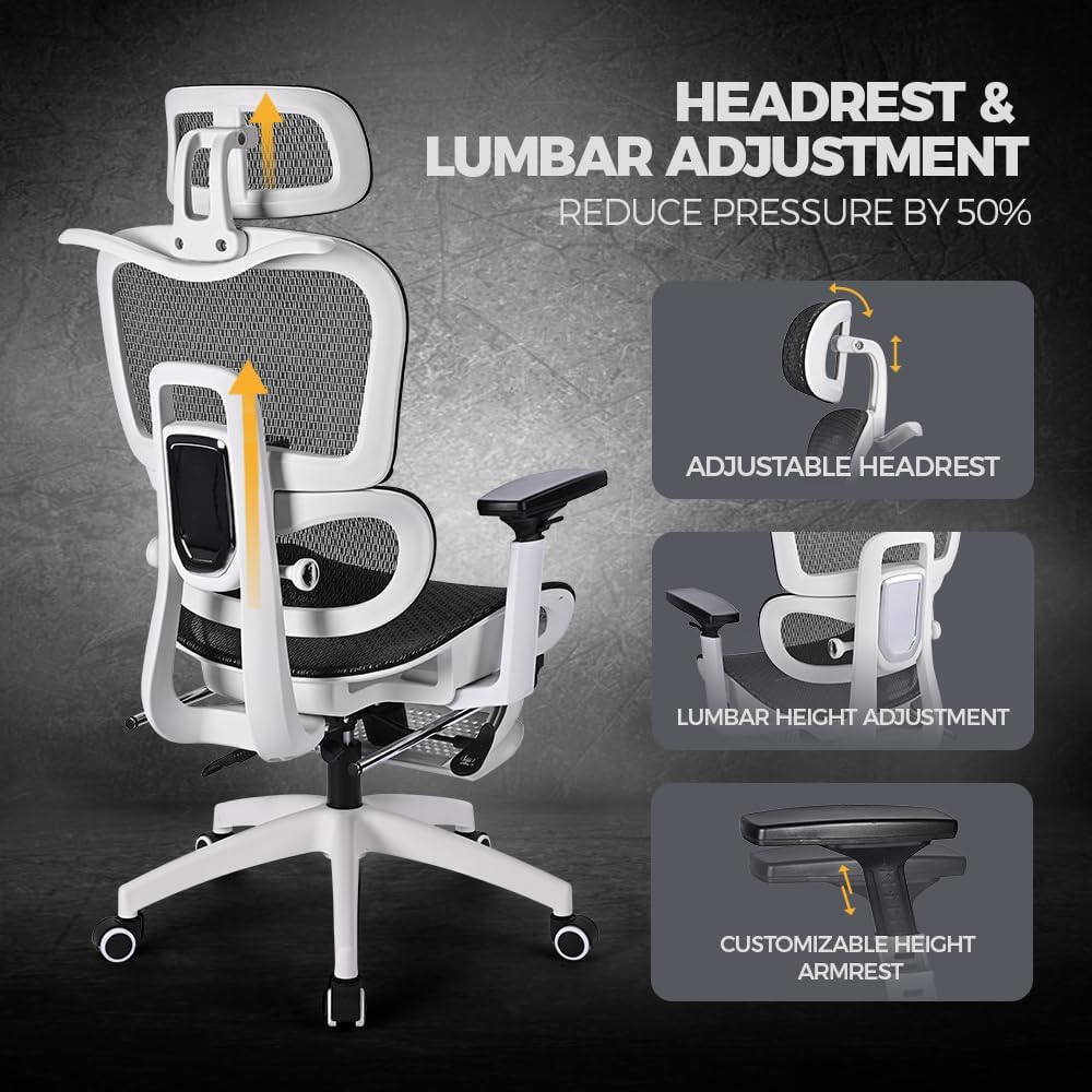 Furb Ergonomic Office Chair with Breathable Mesh, Adjustable Headrest and Lumbar Support High Back Computer Desk Office Chair for Home Office, Gaming, and Study White and Black image number 6