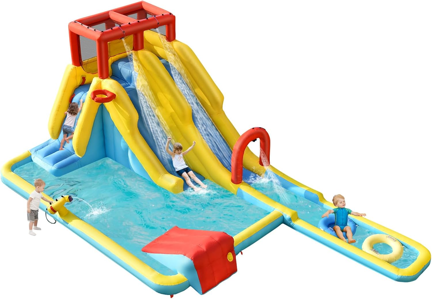 HONEY JOY Inflatable Water Slide, Outdoor Jumping Castle Splash Park with Sprinklers, Water Gun, Climbing Wall, Extra Long Slide & 2 Swimming Rings, Blow-Up Water Park for Yard (Without Blower) image number 4