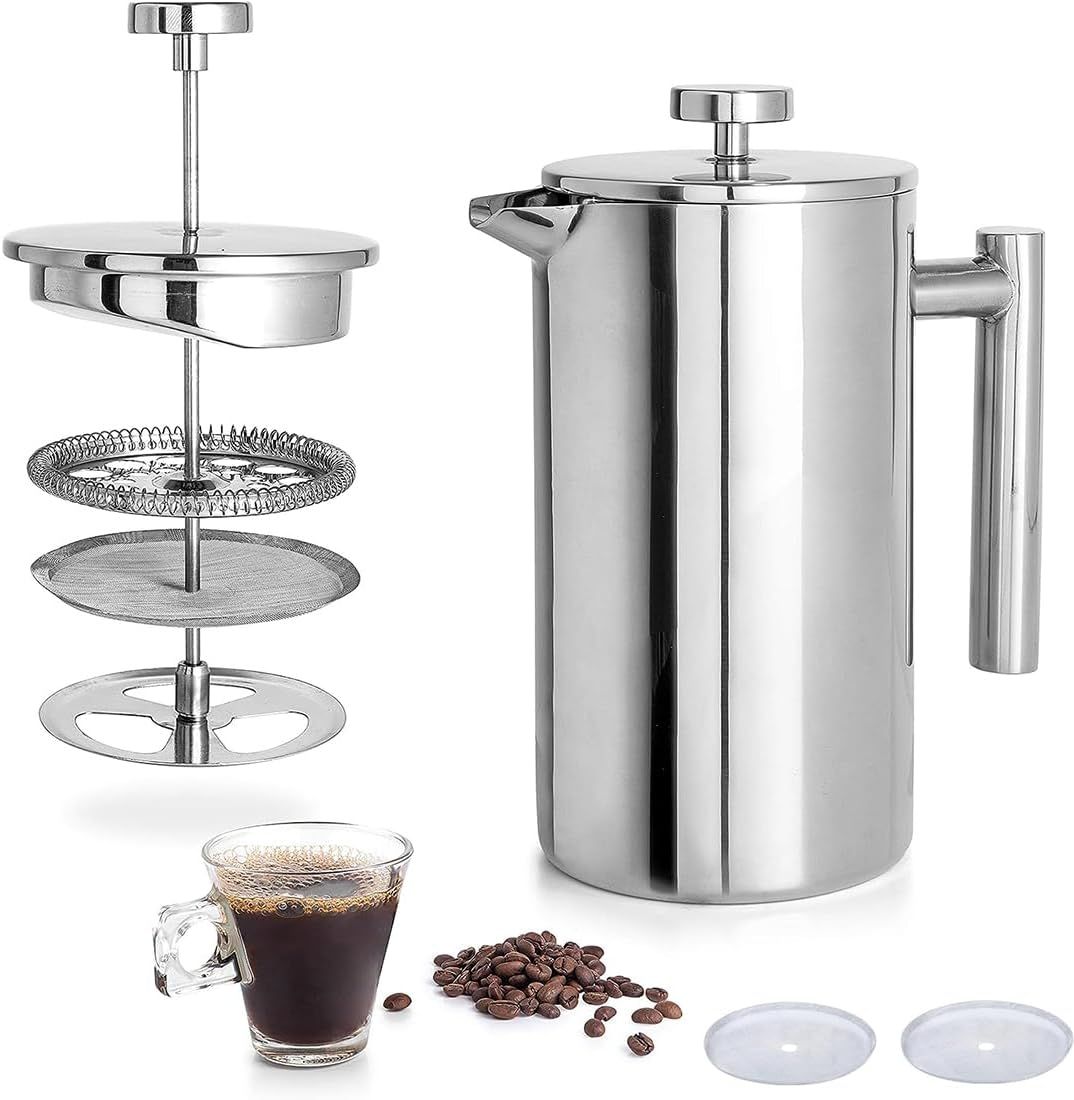 Stainless Steel French Press Coffee Maker (34Oz/1000Ml), Insulated Coffee Maker with Extra 2 Filters, Durable & Rust-Proof, Ideal for Home and Travel image number 6