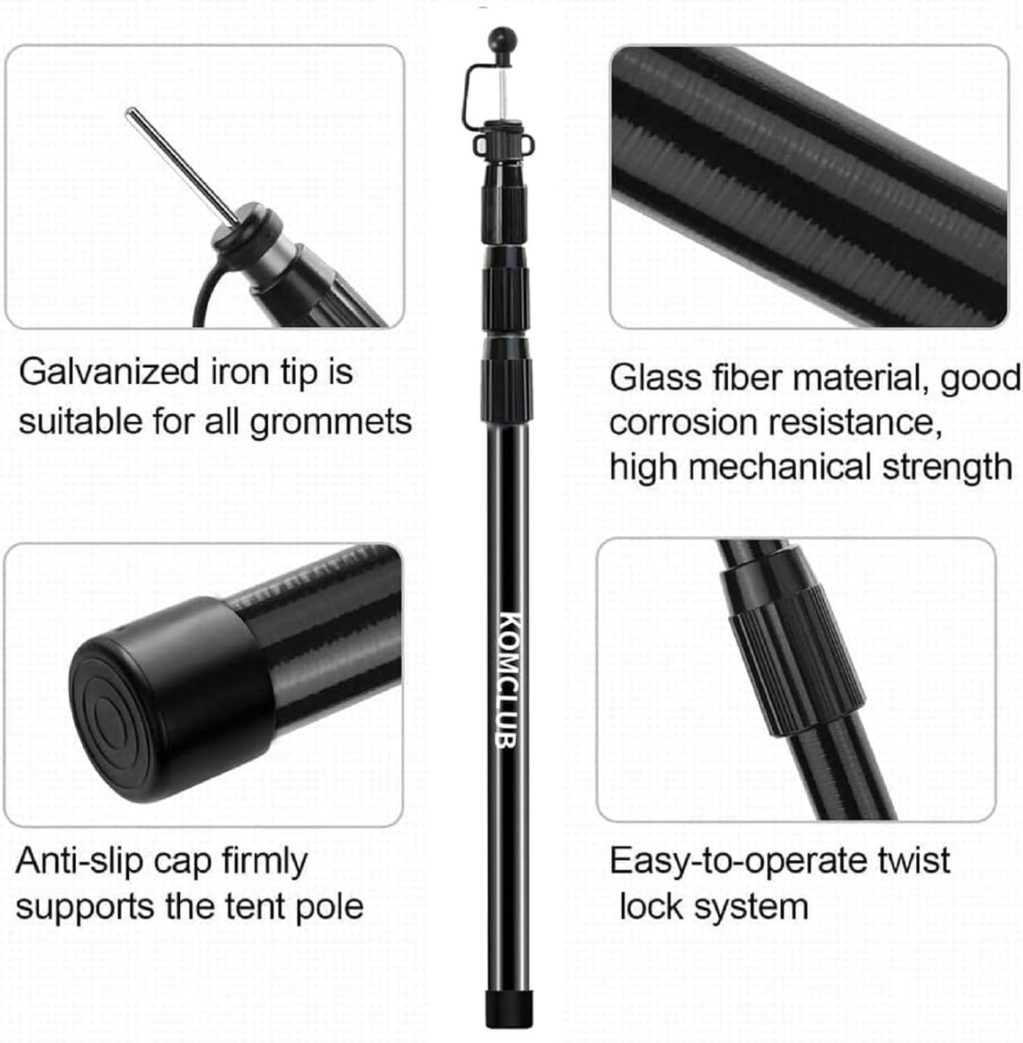 KOMCLUB Telescoping Tarp Poles,Adjustable Tent Poles for Tarp,Heavy-Duty Design,Portable & Lightweight Fiberglass Tent Poles for Shelter,Camping, Awning, 4 Sections Adjustable to 98.51 In(2Set of 4 image number 2