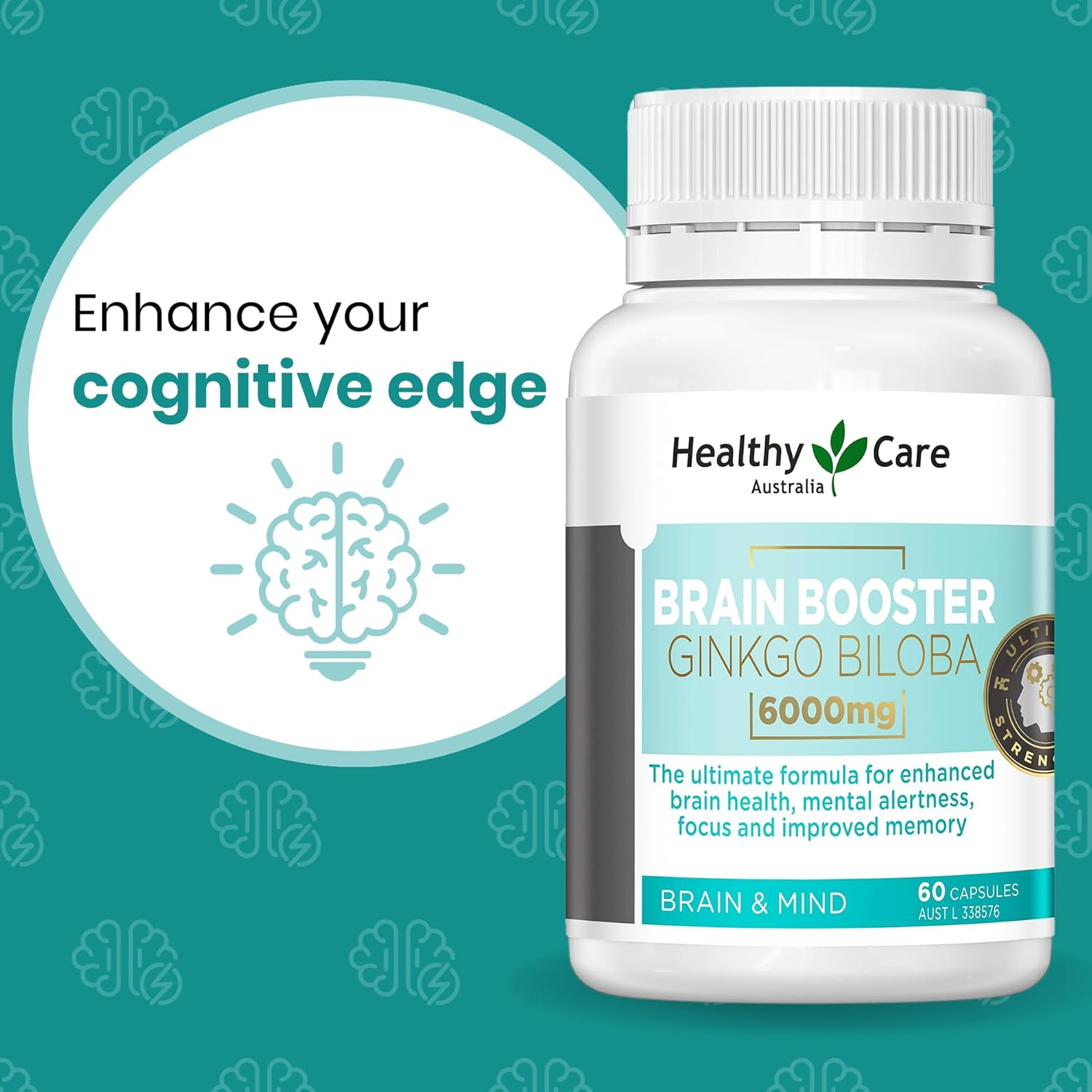 Healthy Care Brain Booster Ginkgo Biloba Capsules - Enhances Mental Alertness and Memory - Premium Dietary Supplement - All-Natural Ingredients - 60 Capsules - 6000 Mg image number 1