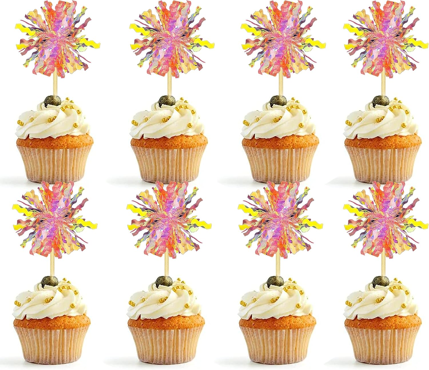 30PCS Foil Firework Cupcake Toppers, Takemay Happy Birthday Rose Cake Toppers, Sparkle Tinsel Flower Drink Stirrers Cocktail Food Fruit Toothpicks for Xmas Party Birthday Wedding Ceremony