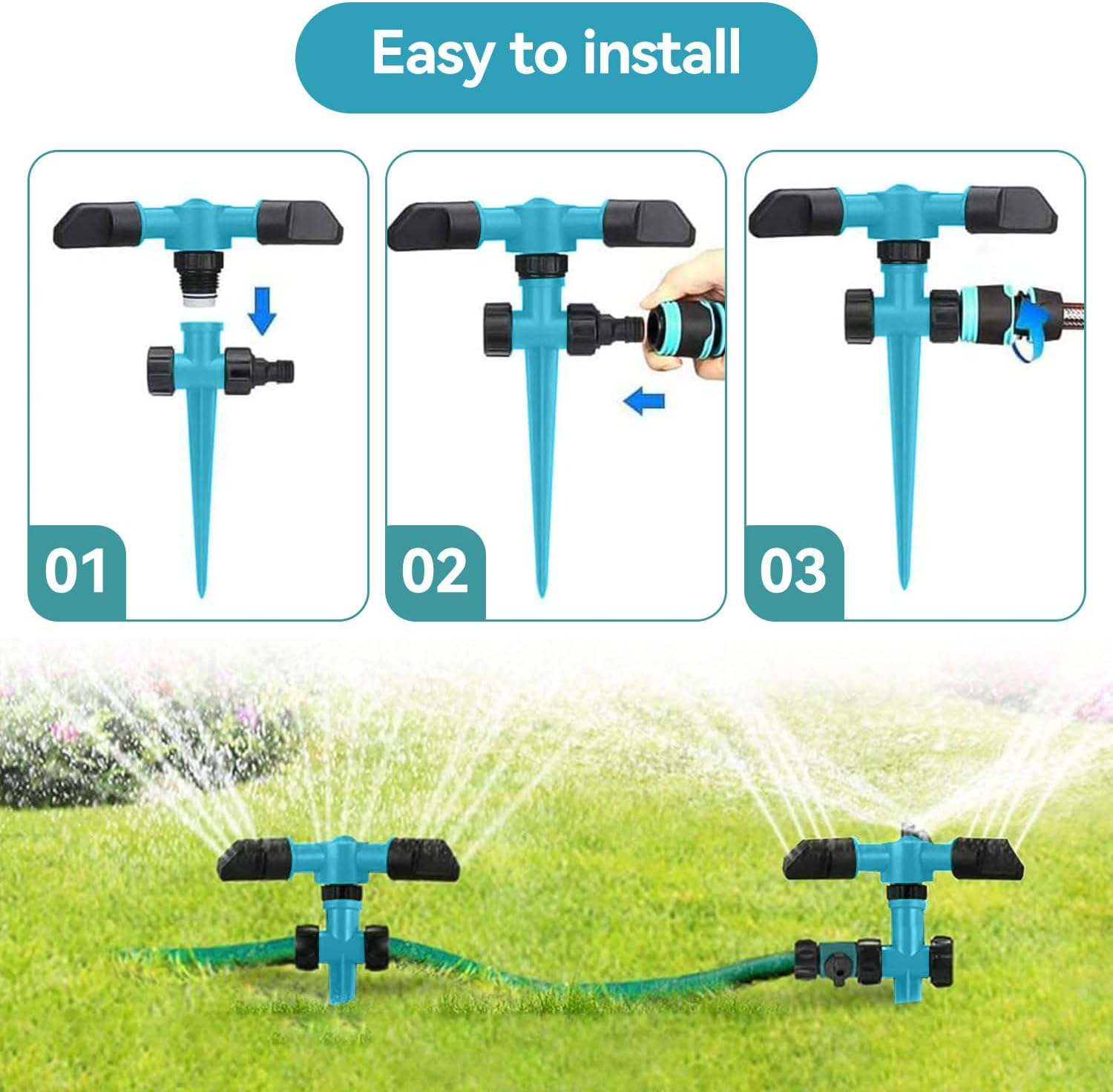 2 Pack Yard Sprinkler 360&deg; Rotating Lawn Sprinkler with up to 3,000 Sq. Ft Coverage - Adjustable, Weighted Gardening Watering System (Blue) image number 2