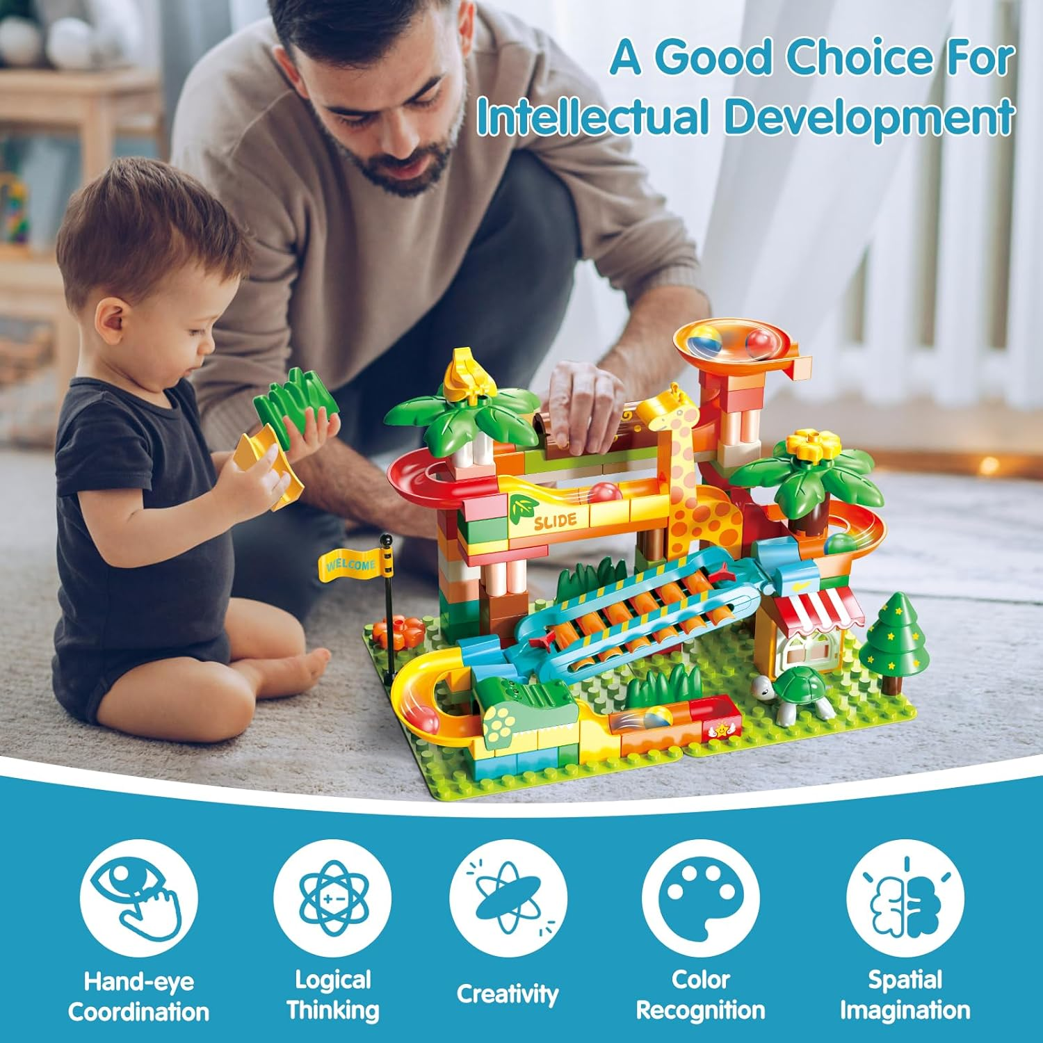 REMOKING Large Marble Run Building Blocks,109Pcs Puzzle Race Track Compatible with All Major Brands,Construction Building Big Blocks Toys,Stem Learning Toy,Gift for Kids Boys Girls Age 3 4 5 6 7+ image number 1