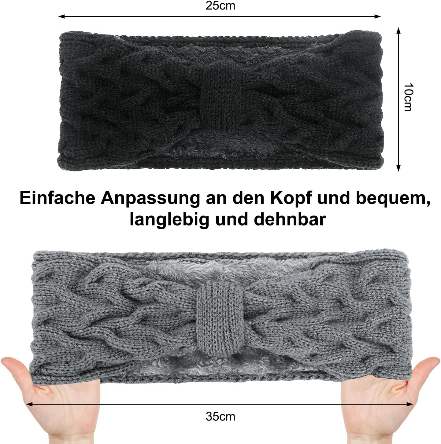 Estefanlo Women'S Winter Headbands, Pack of 2, Knitted Lined with Fleece, Ear Warmers, Headband, Hair Band, Thick for Women and Girls (Black + Grey) image number 2