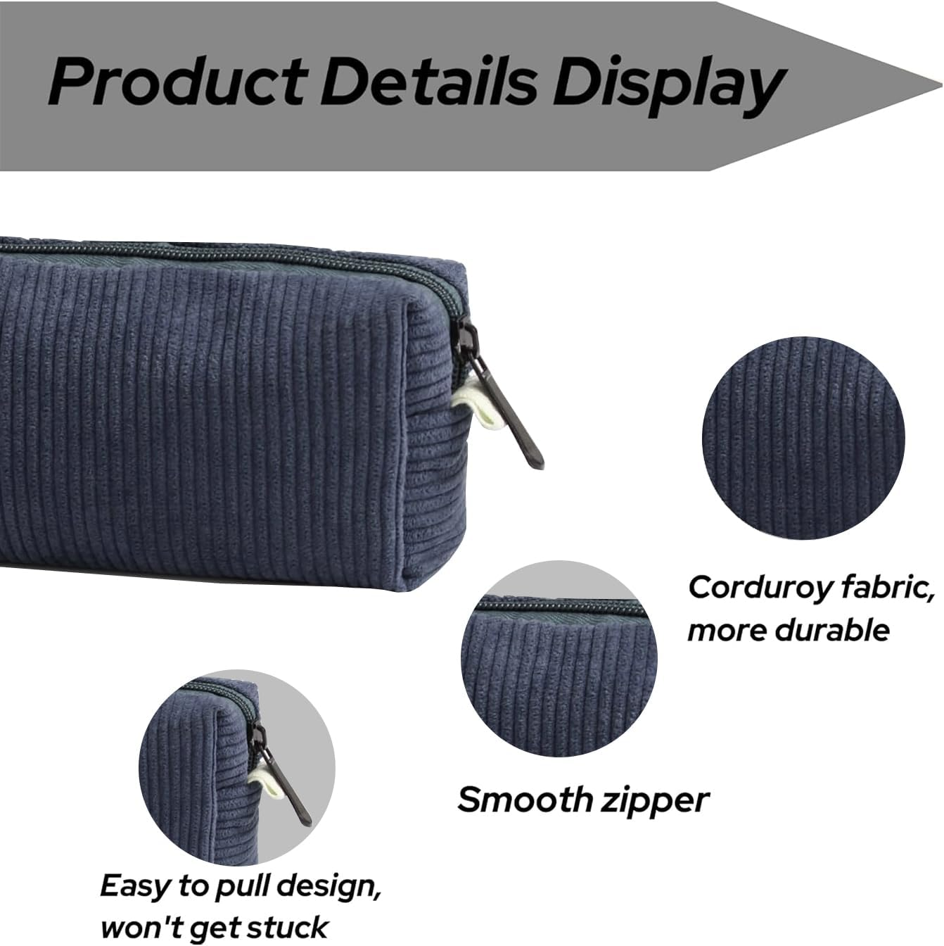 Corduroy Pouch, Large Capacity Storage Bag, Portable Pen Organizer for Kids, Office Stationery, Cute Makeup Pouch for Home, School, Office (Blue) - Black image number 6