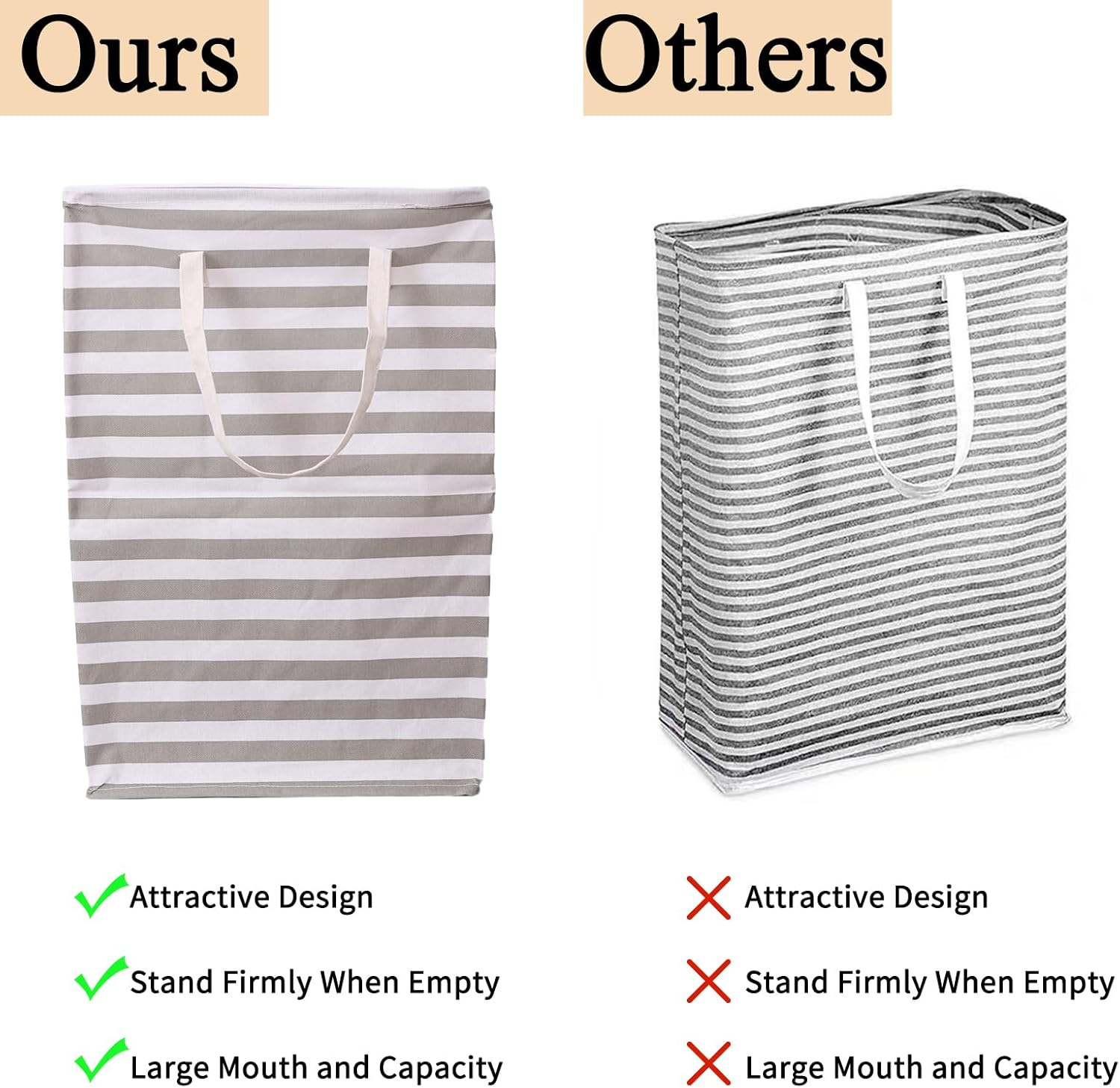 2-Pack Large Laundry Basket, Waterproof, Collapsible Tall Clothes Hamper with Extended Handles for Clothes Toys in the Dorm and Family-(75L, Stripe) image number 5