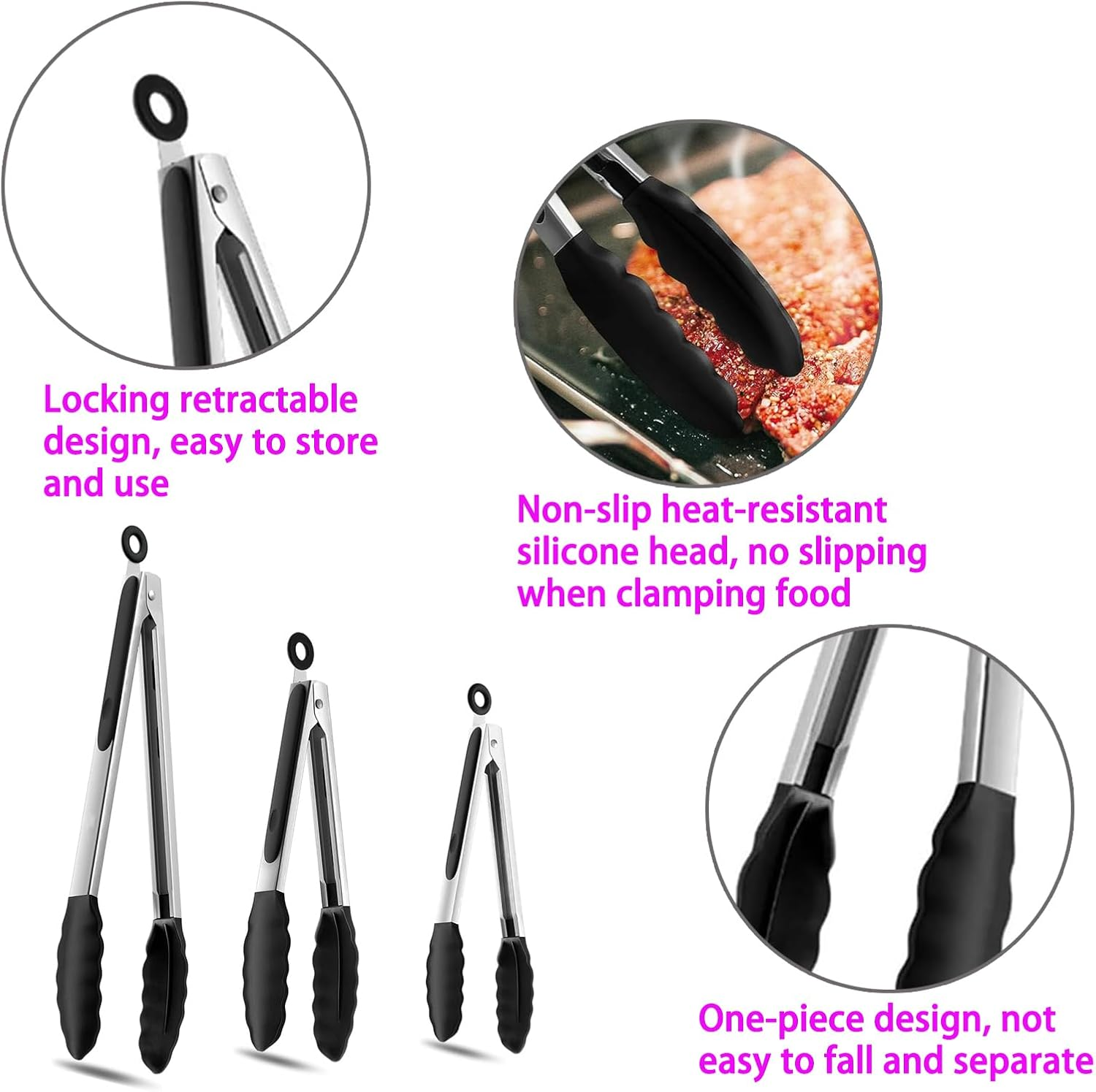 3-Piece Set Kitchen Tongs - Stainless Steel with Heat-Resistant Silicone Tips for Cooking, Grilling, Turning - Includes 7", 9", and 12" Sizes - Black Silicone Handles - Bpa-Free image number 3
