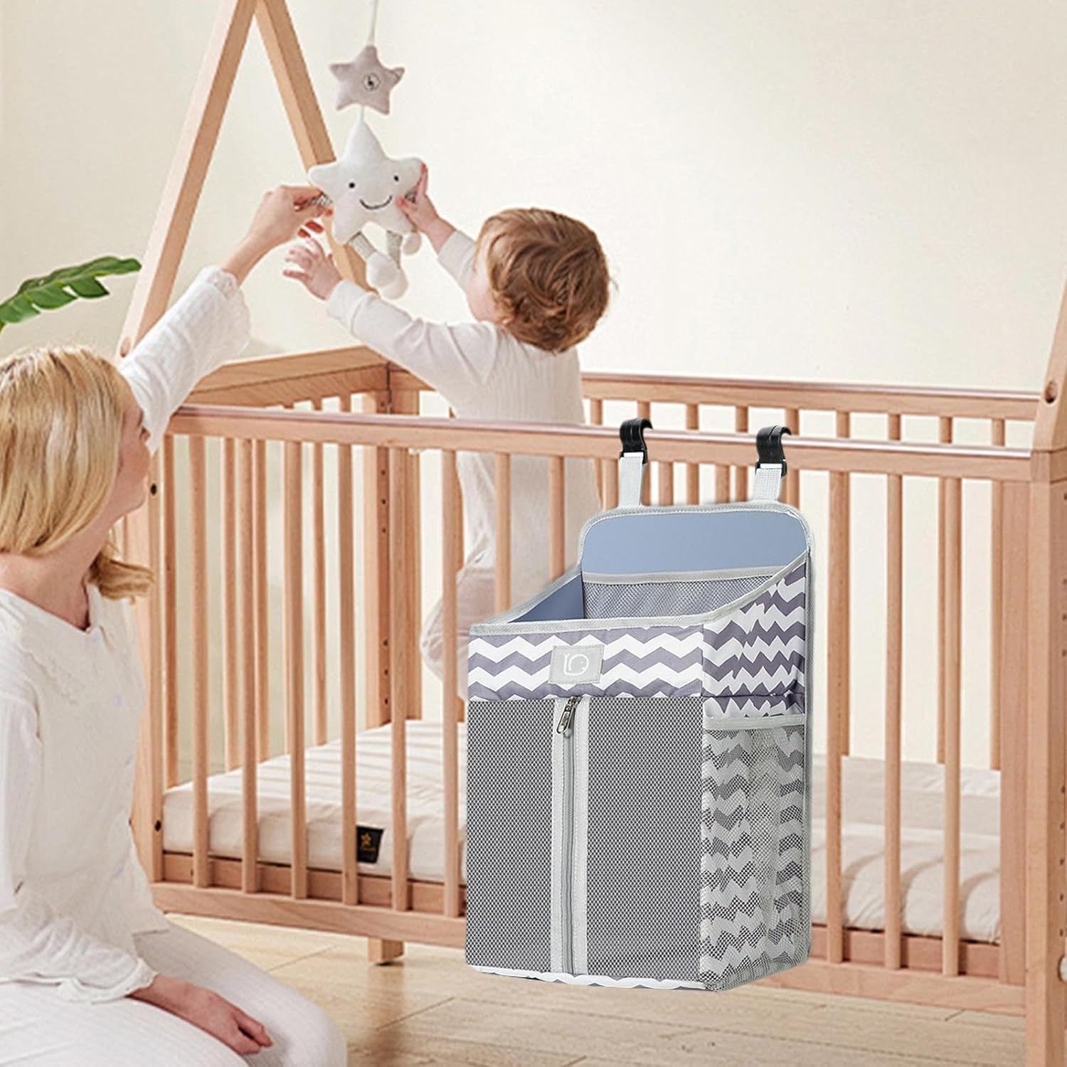 Nappy Stack Crib Organiser - Multifunctional Baby Caddy for Attaching to Cot, Organiser for Accessories, Compact Storage for Changing Table, Sleeping Area or Care image number 2