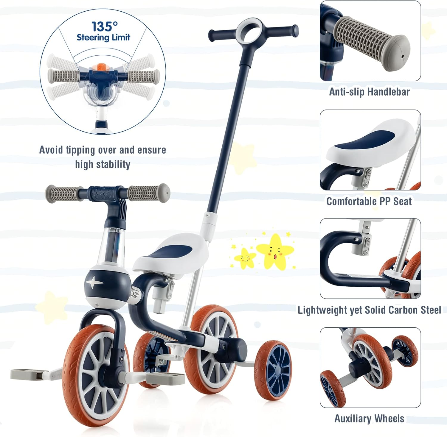 HONEY JOY 4-In-1 Baby Tricycle, Kids Training Balance Bike W/Adjustable Parent Handle, 2-Level Seat Height & Reversible Handlebar, Push Trike for Toddlers 3-4 Years Old (Dark Blue) image number 3