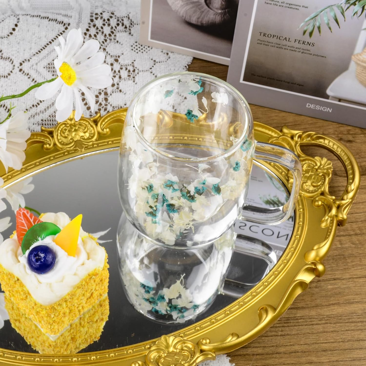 Dried Flowers Double Wall Glass Coffee Mugs Clear Cups, 350Ml Aesthetic Dried Flowers Insulated Tea Cups for Cappuccino Tea Espresso Latte Hot Beverages Glasses Birthday Gifts for Women Her image number 4