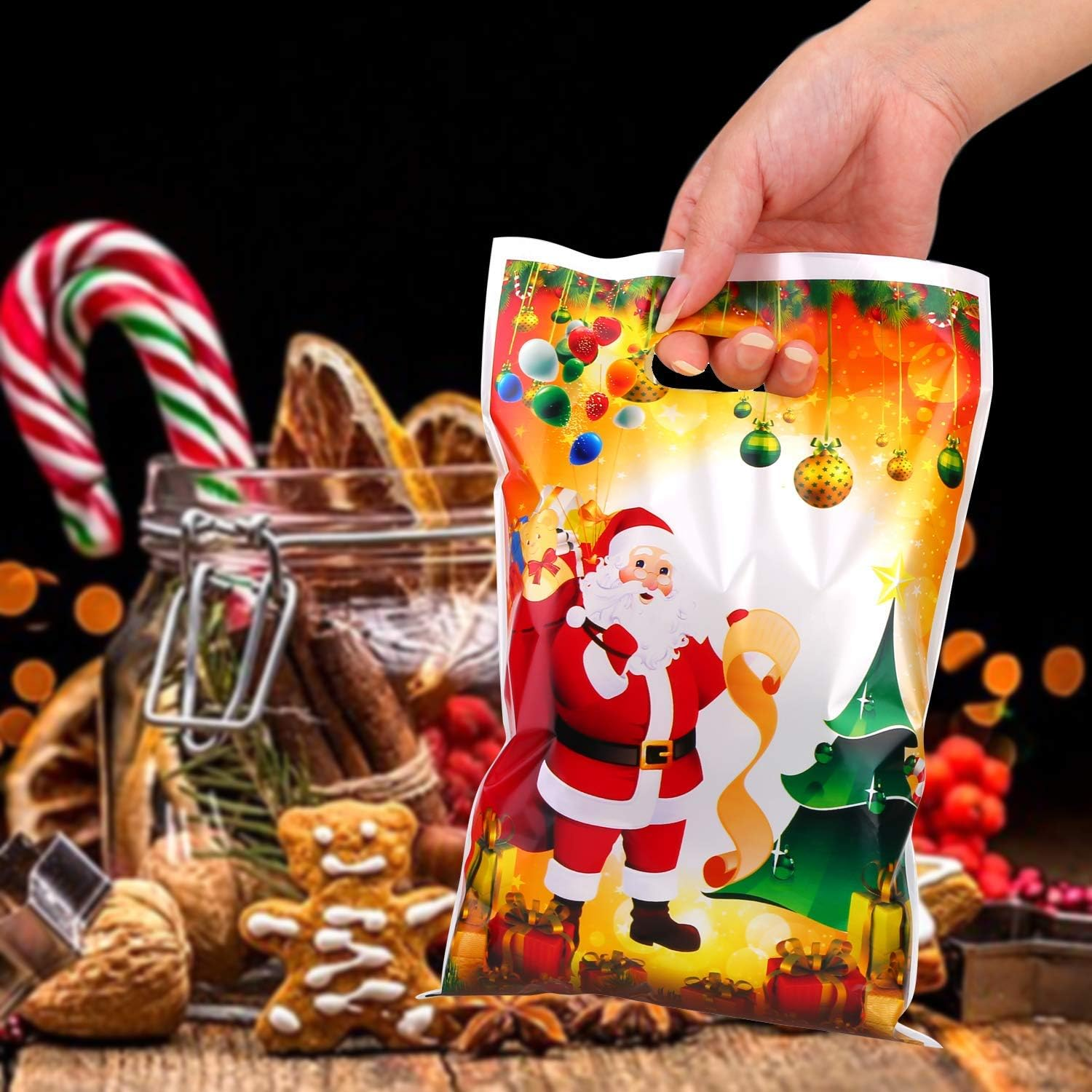 30Pcs Christmas Treat Candy Gifts Bags with Handles for Xmas Presents Sweets, Christmas Tree Santa Goody Plastic Bags for Kids Adult Christmas Party Bag Fillers Party Decoration Supplies image number 2