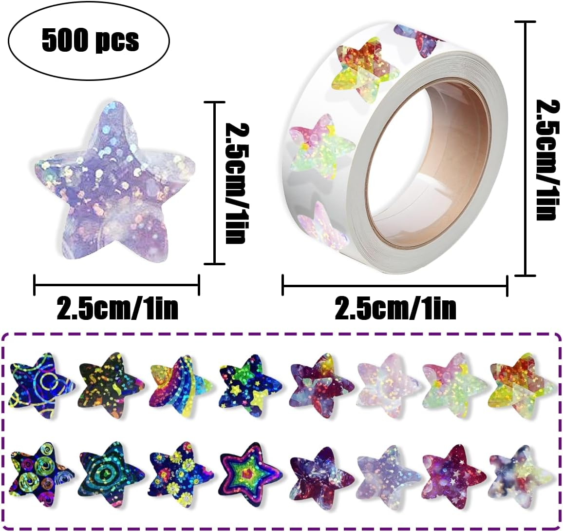 Foil Star Sticker, 1000 PCS Reward Sticker Stars for DIY, School Supplies (2.5Cm, 2 Roll)