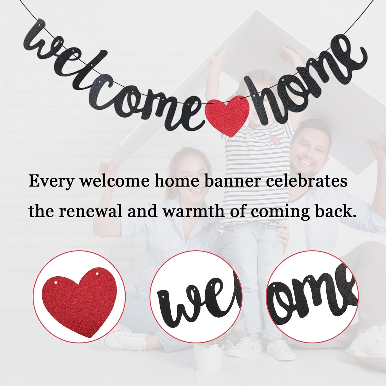 Viiotu Welcome Home Banner, Welcome Home Banners Flag, Glitter Bunting Backdrop with Shiny Powder, Welcome Rope & Easy Assembly for Home Decor, Housewarming, Military Homecomings, Family Celebrations (Black+Red) image number 6