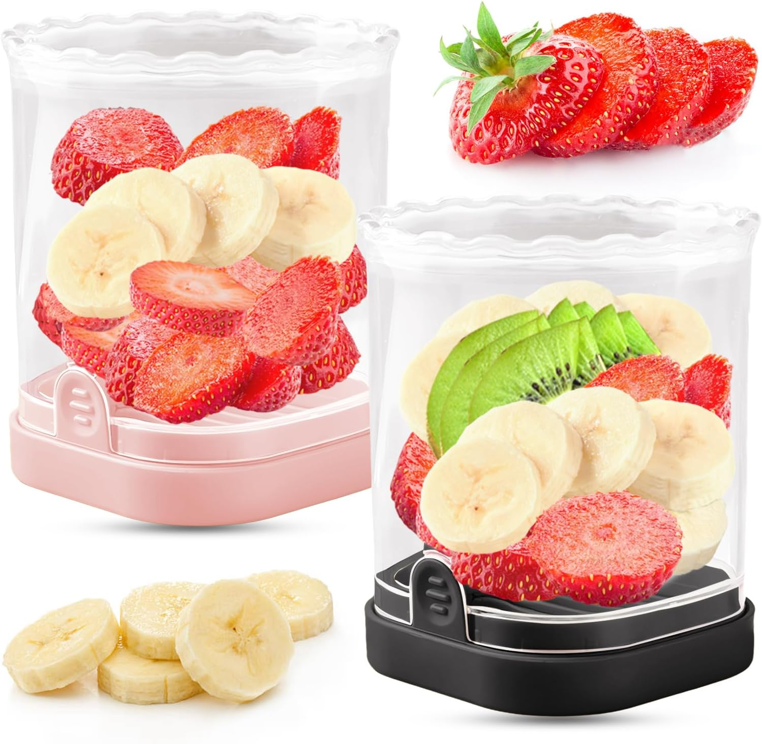 Fruit Slicer Cup | Strawberry Slicer | Banana Slicer | Grape Cutter | Egg Slicers | Detachable Fruit Cutter Slicer with Push Plate | Creative Strawberry Slicer Kitchen Gadget (Black + Pink)