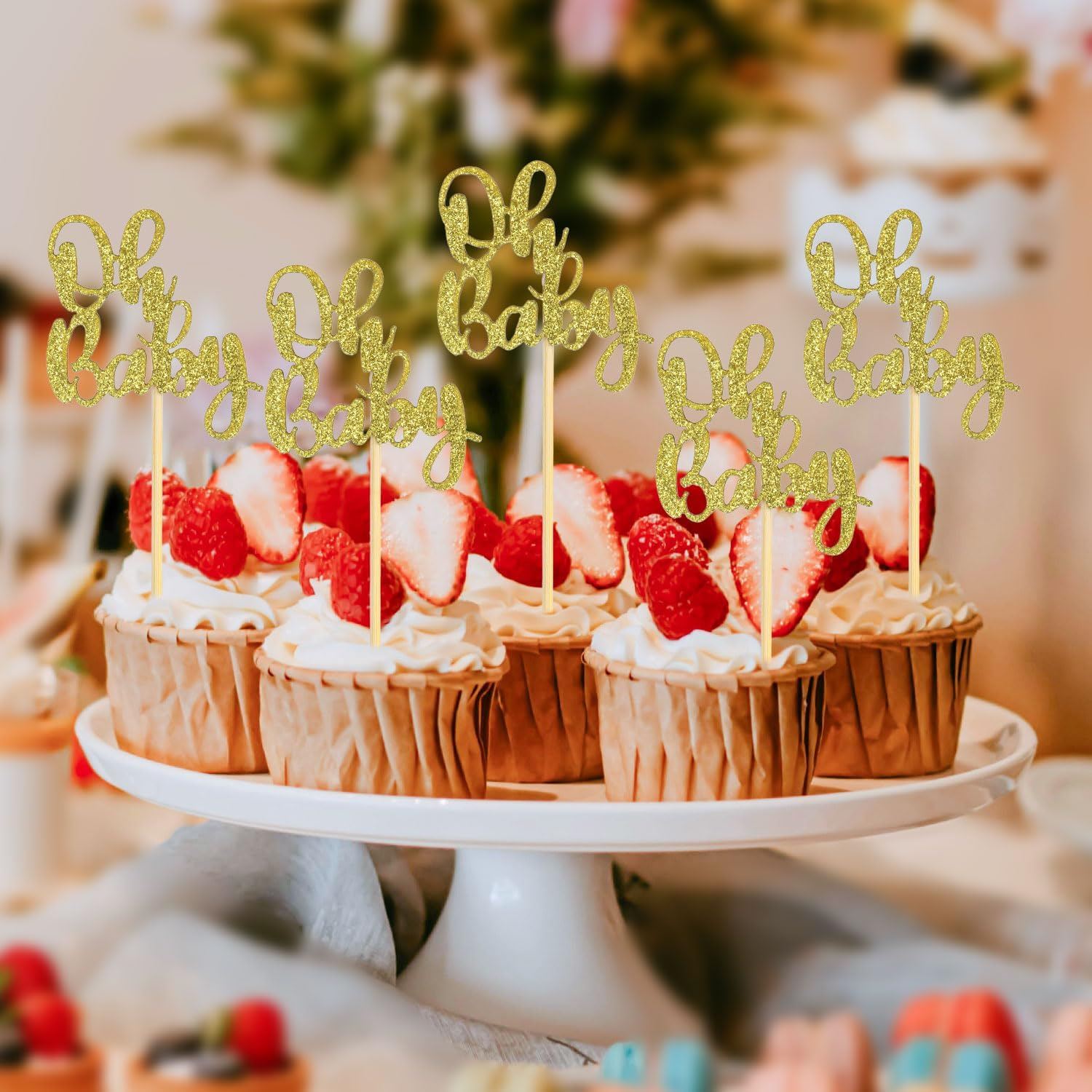 24Pcs Oh Baby Cupcake Toppers, Glitter Cake Picks for Boy or Girl Theme Baby Shower - Gold Decorations for Kids Birthday Party Supplies image number 1