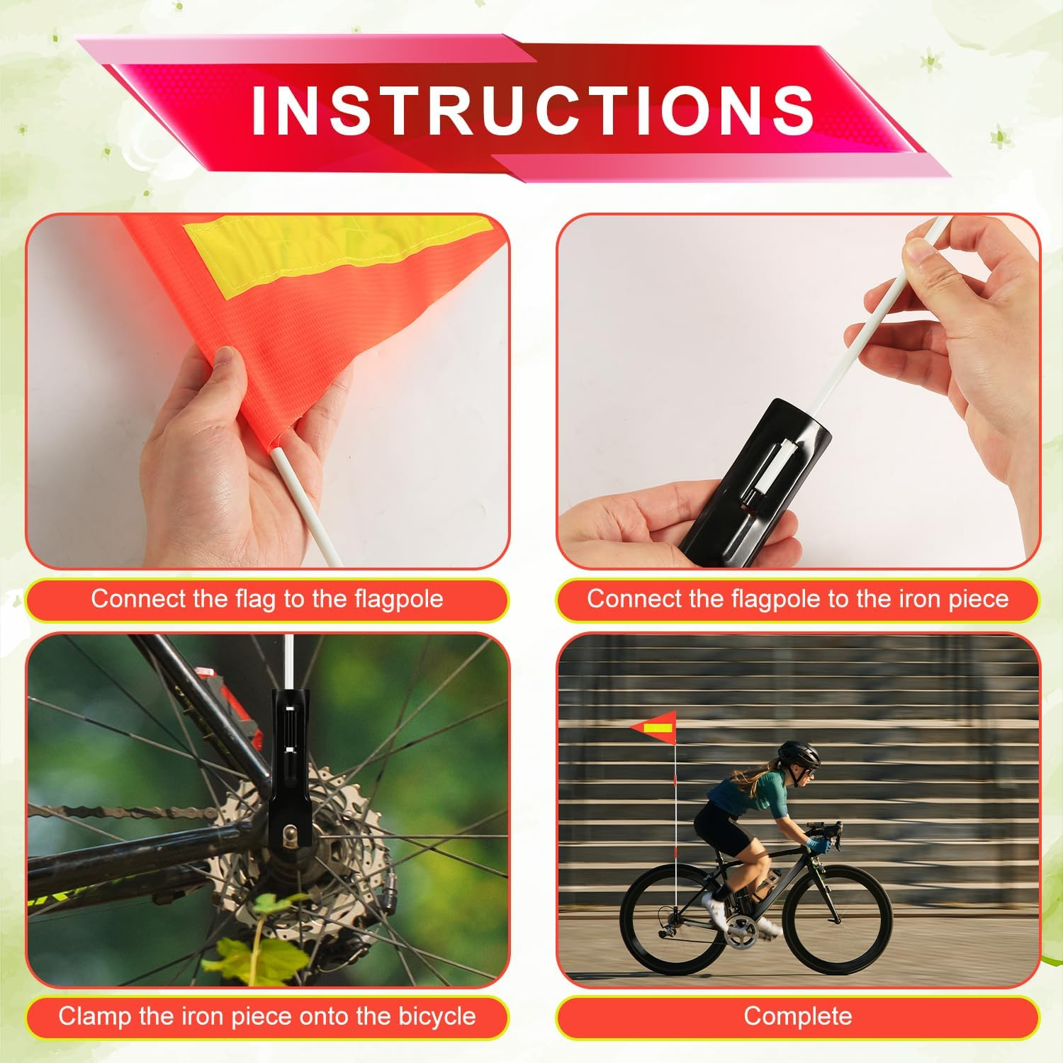 2Pcs Bike Safety Flag, Adjustable Height Bicycle Flag Reflective Atv Safety Flag with Fiberglass Pole Waterproof Bike Flag Orange Flag Bicycle Accessories for Adult and Children'S Bicycles image number 5