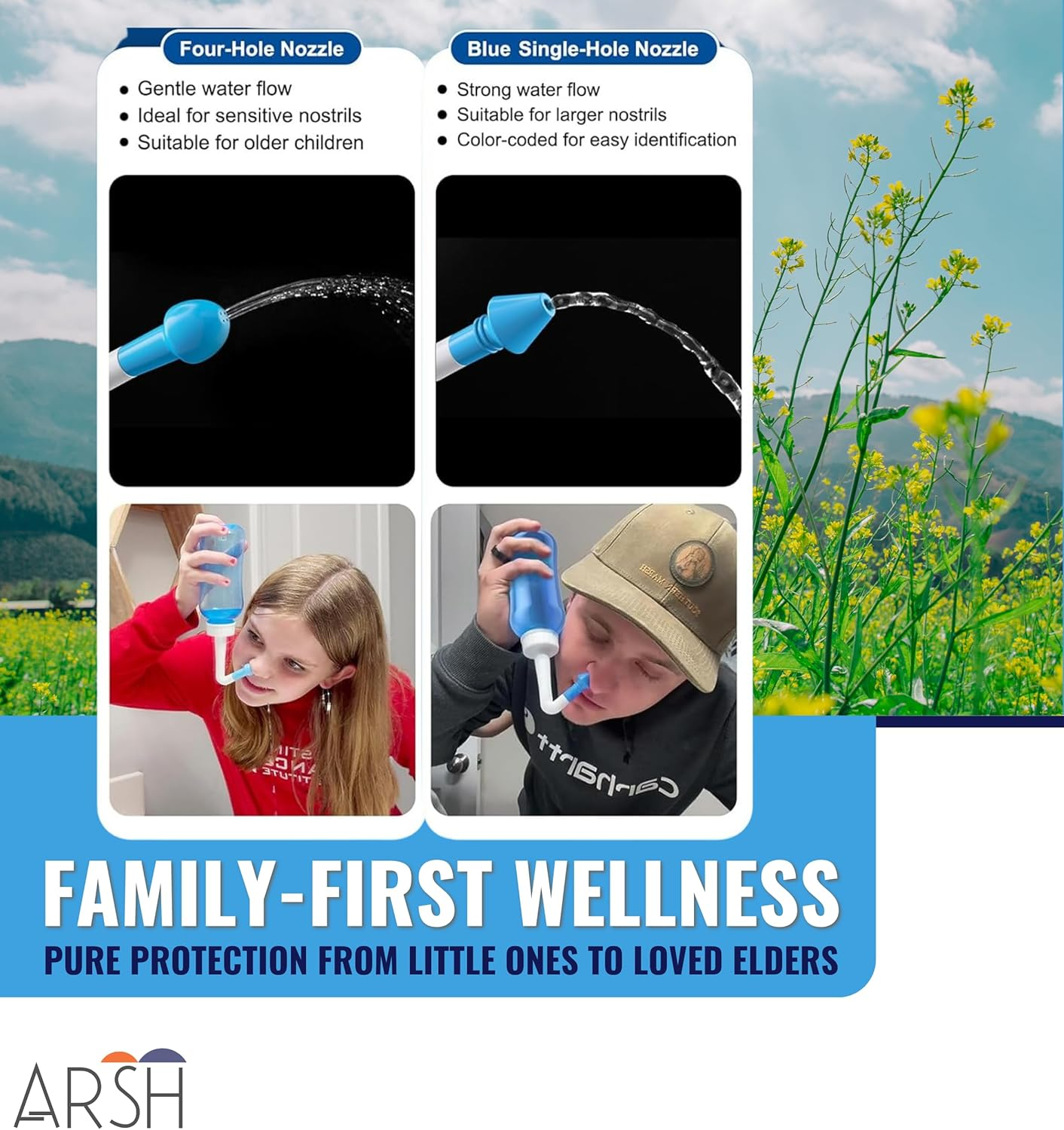 ARSH Nasal Wash Bottle 300 Ml, 30 Packets Nasal Wash Salt Thermometer, Neti Pot Sinus Rinse Bottle, Nasal Irrigator for Flu Allergies & Rhinitis, Nose Cleaner for Adults & Kids, Jal Neti