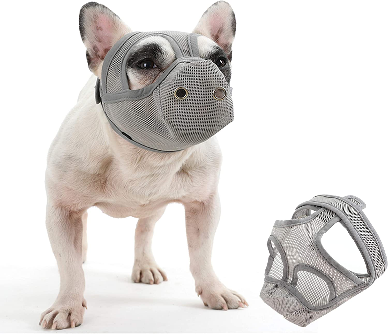 Short Snout Dog Muzzle - Adjustable Breathable Mesh for Bulldogs, Anti-Biting and Training, Can Stick Out Tongue and Drink Water (S 15.3"-16.1", Grey) image number 2