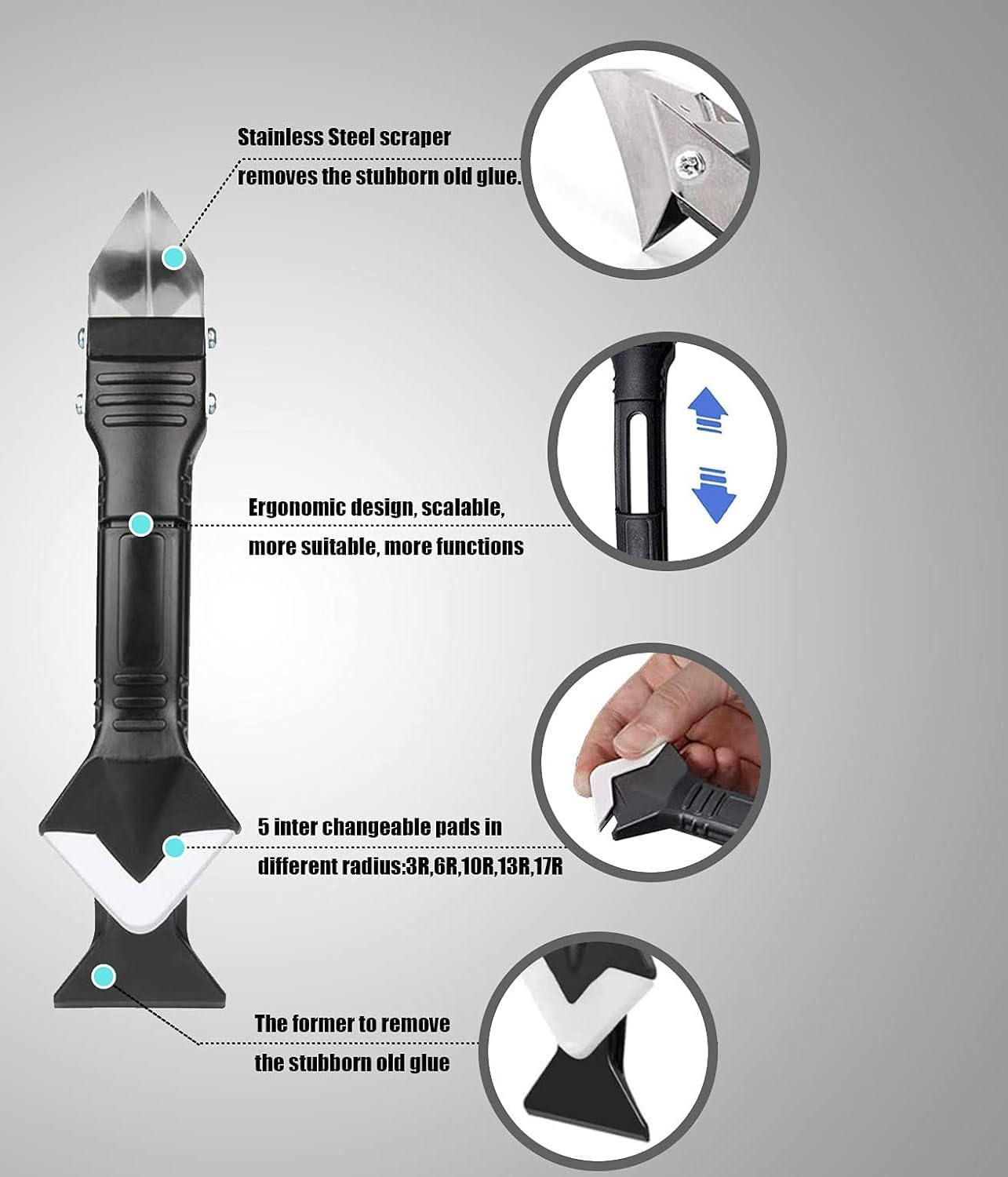 3 in 1 Silicone Caulking Tools, Glass Glue Angle Scraper, Stainless Steelhead Caulk Remover and Sealant Scraper, for Kitchen Bathroom Window and Frames Sealant Seals image number 4