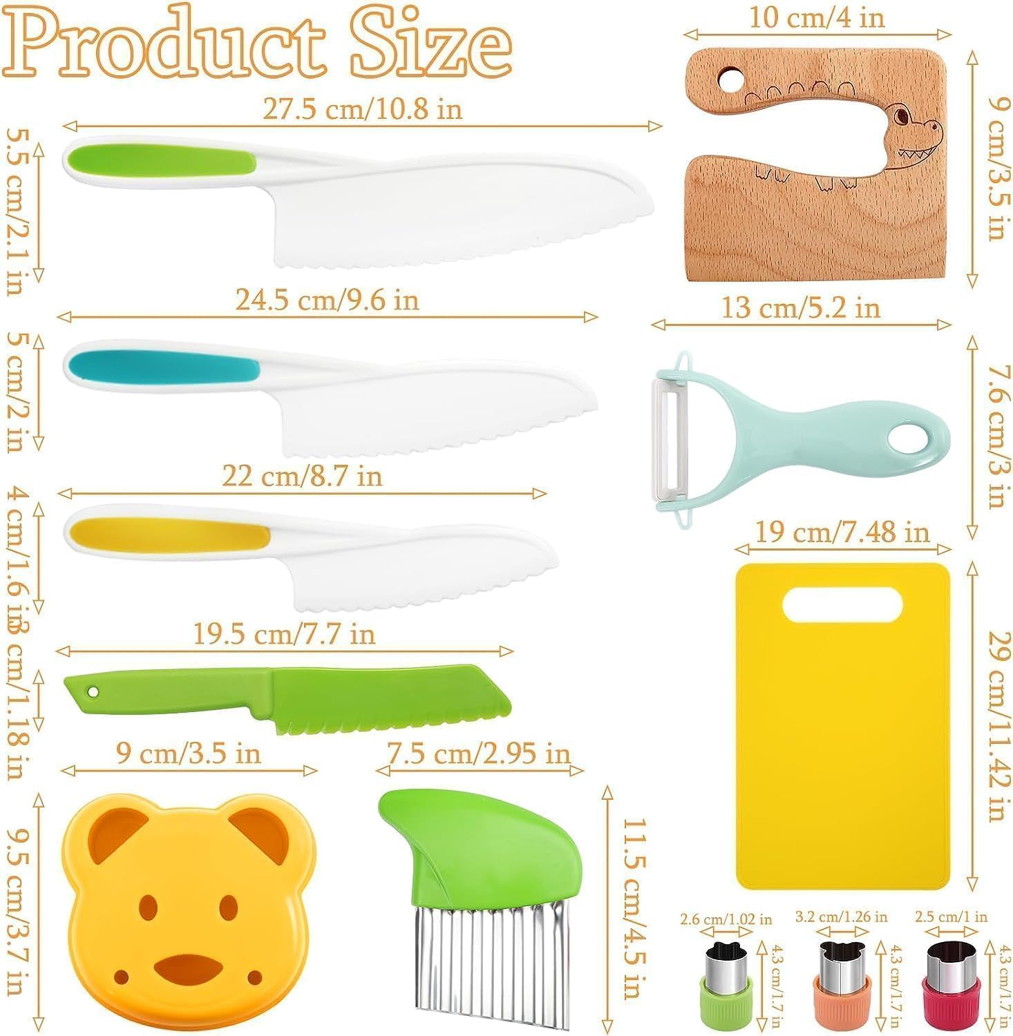 12 Pcs Kids Knife Set, Wooden Kids Kitchen Knives for Real Cooking, with Cutting Board, Serrated Edges Toddler Knife, Potato Slicer, Y Peeler, DIY Mold