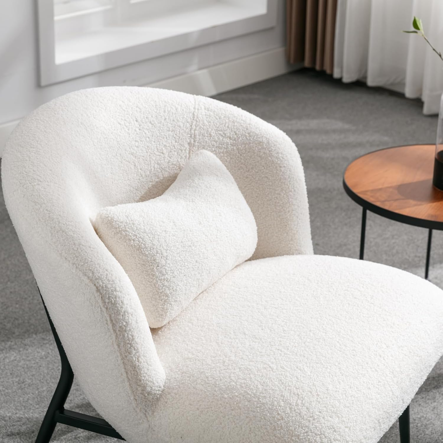 Modern Accent Chair, Upholstered Sherpa Fabric Side Chair Guest Chair with Small Pillow Black Metal Legs, Comfy Lounge Chair for Living Room Bedroom, White image number 5