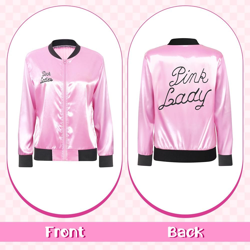 AUTOWT 1950S Pink Ladies Jacket Costume, 11PCS 50S Satin Jacket with Neck Scarf Headband Earrings Cat Eye Glasses Halloween Cosplay Accessories Set for Adults Women Dress up Party Outfit image number 5