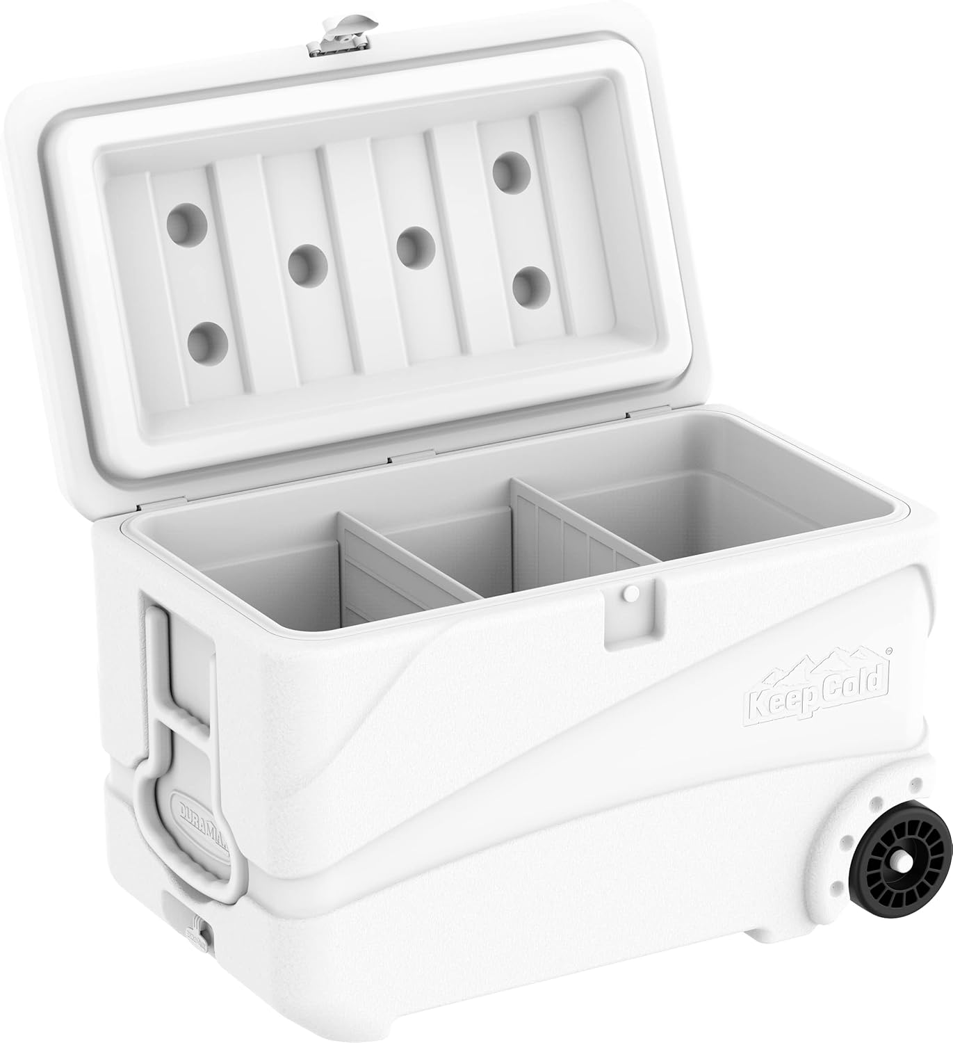 Duramax Deluxe Icebox 80L, High Performance Cool Box with PU Insulation, 6 Days of Ice Retention, Icebox with Wheels & Handles for Easy Mobility, Cup Holders on Lid, Durable Cool Box, Ice Chest, White image number 3