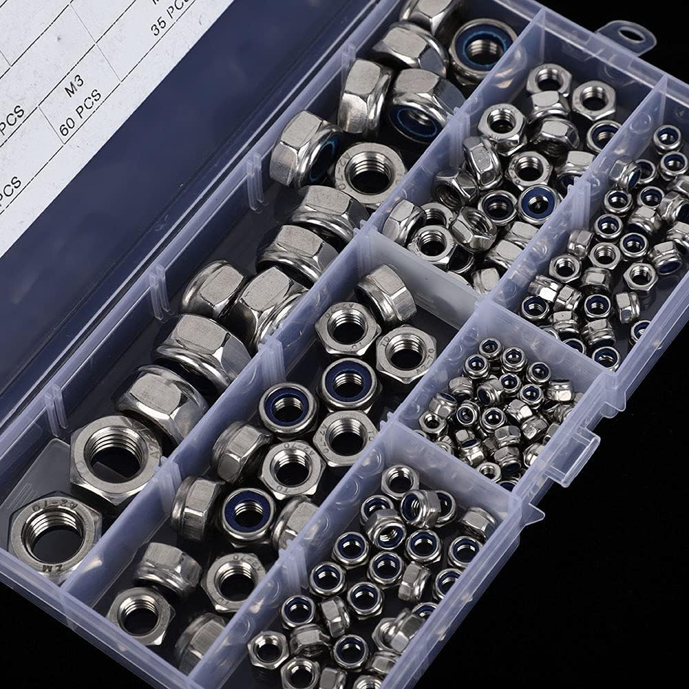 M3 M4 M5 M6 M8 M10 M12 Self-Locking Nuts Set,304 Stainless Steel Hex Nuts Fasteners Kit,With Storage Case (180Pcs) image number 6