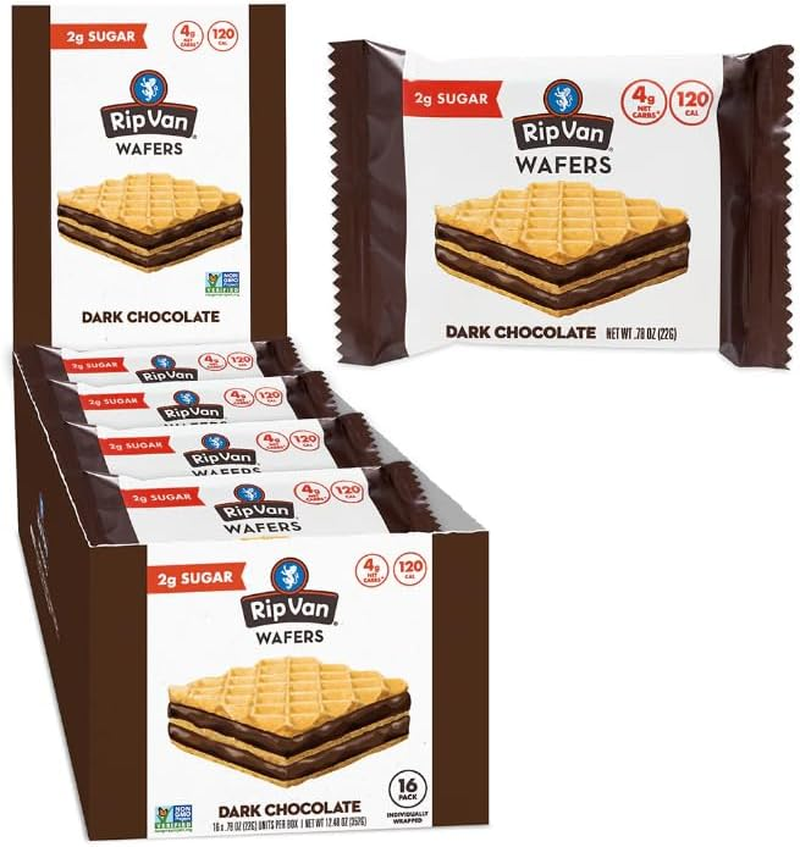 Rip Van Dark Chocolate Wafer Cookies, Healthy Snacks, Non GMO, Keto, Low Carb, Low Sugar, Low Calorie, Vegan, 16 Count
