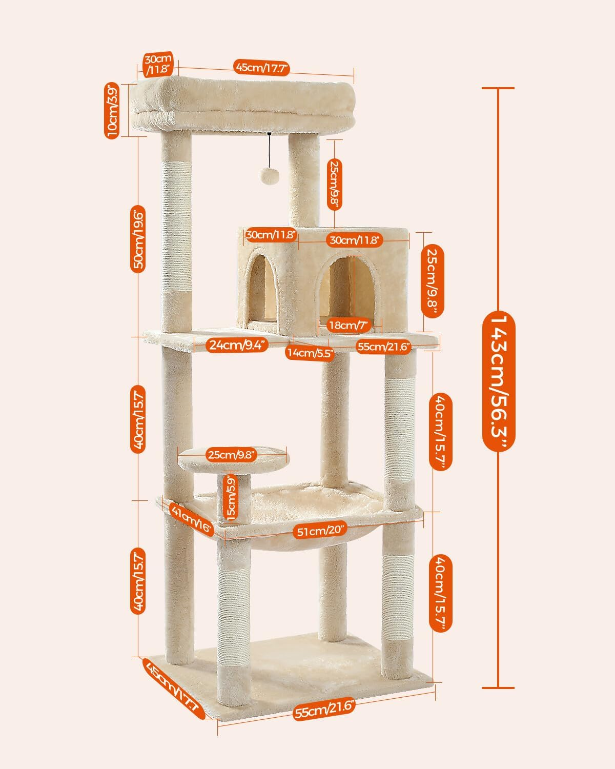 PAWZ Road Cat Tree 143Cm Cat Scratching Post Multi-Level Play Tower with a Large Hammock and Top Perch Home Pet Furniture Beige image number 5