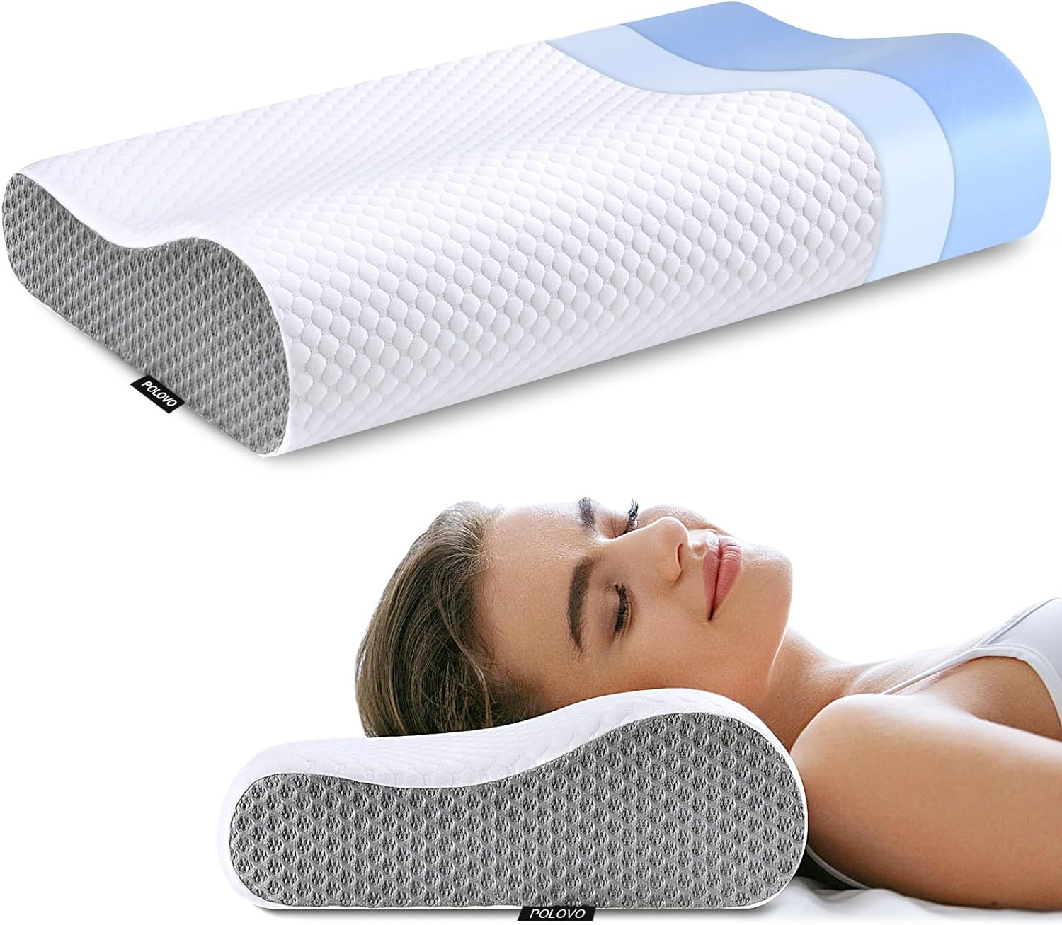Polovo Neck Contour Memory Foam Pillows for Pain Relief Bed Pillow Sleeping, Ergonomic and Shoulder Pain, Orthopedic Cervical Side Back Stomach Sleeper, White&Grey, (KD220) image number 5