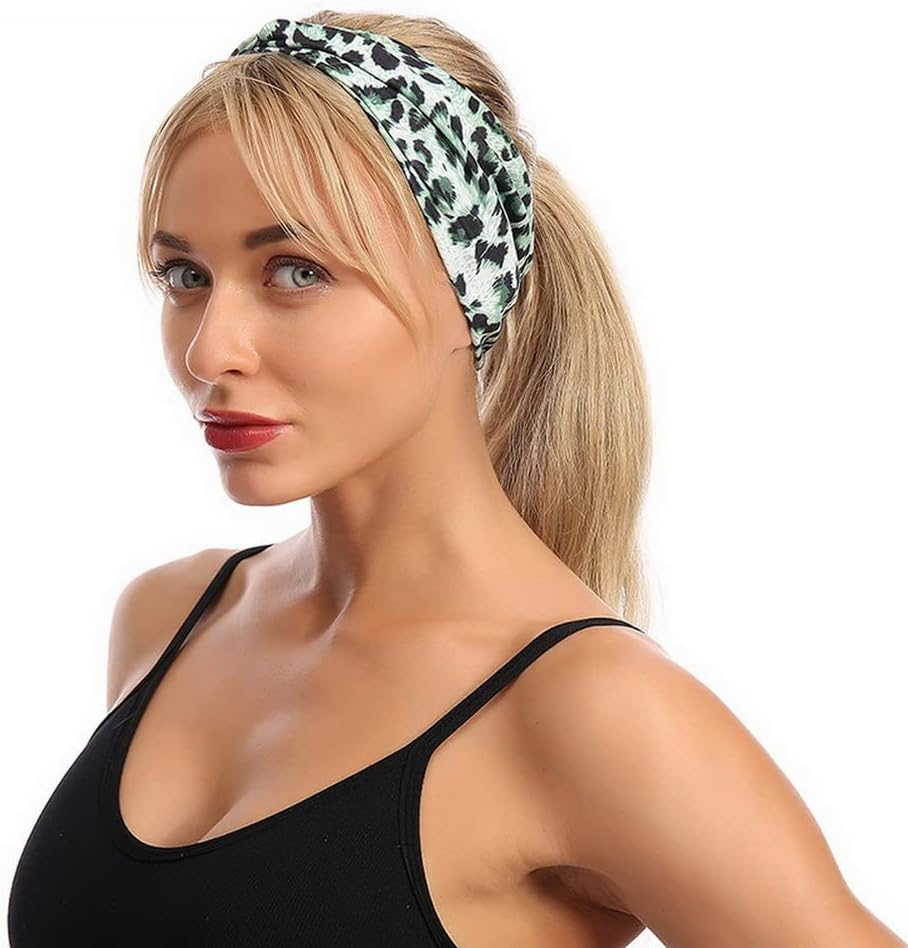 Woration Headband Yoga Leopard Print Cross Wide Elastic Headwear Head Wrap Hairband Twist Turban Knot Headwrap Hair Accessories for Women, Girls - Green image number 1