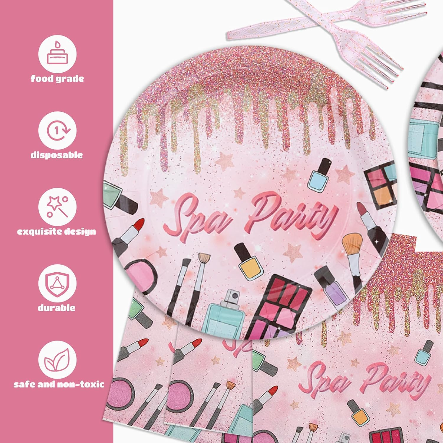 Spa Party Tableware Set, Spa Day Decorations Makeup Birthday Party with Plates Forks Napkins Spa Theme Supplies Kit for Girls Kids, Serves 24 image number 2
