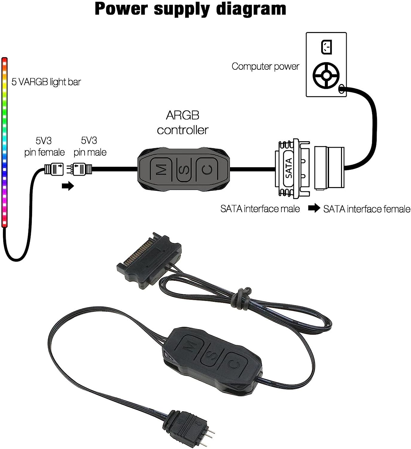 Ecsing ARGB Controller 5V 3 Pin SATA Power Supply Light Stripe Controller Cable for Chassis Fan Tube Lamp Plate Cooling Heat Sink Cooling Radiator